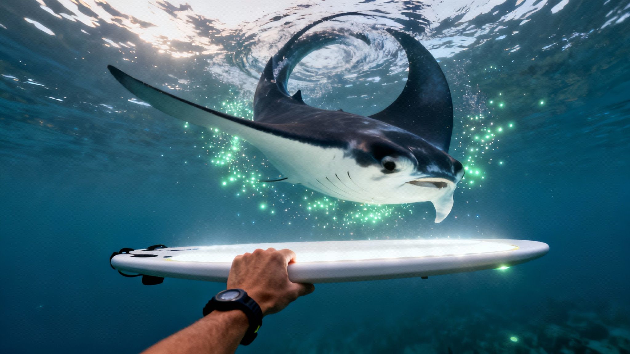 An underwater shot of a person holding a glowing surfboard with a manta ray and magical particles.
