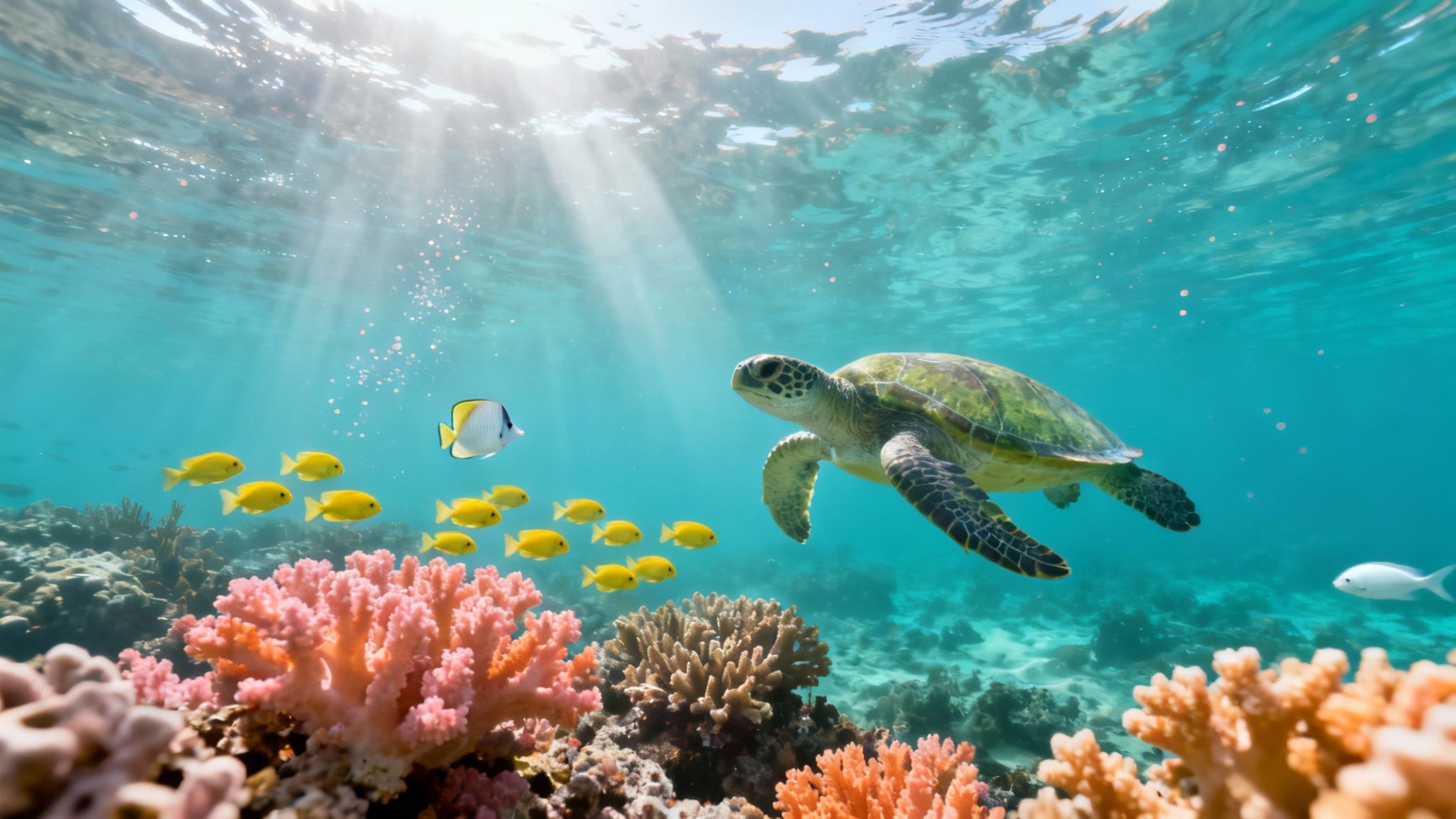 A vibrant underwater scene with a sea turtle, school of yellow fish, and colorful corals.