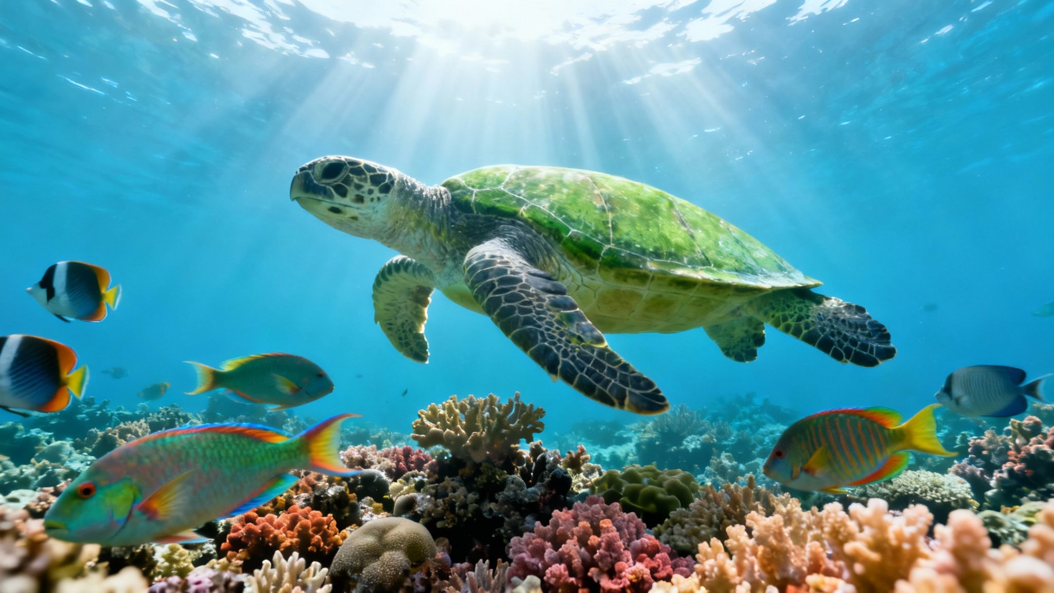 A majestic green sea turtle swims gracefully over a vibrant coral reef with colorful fish.