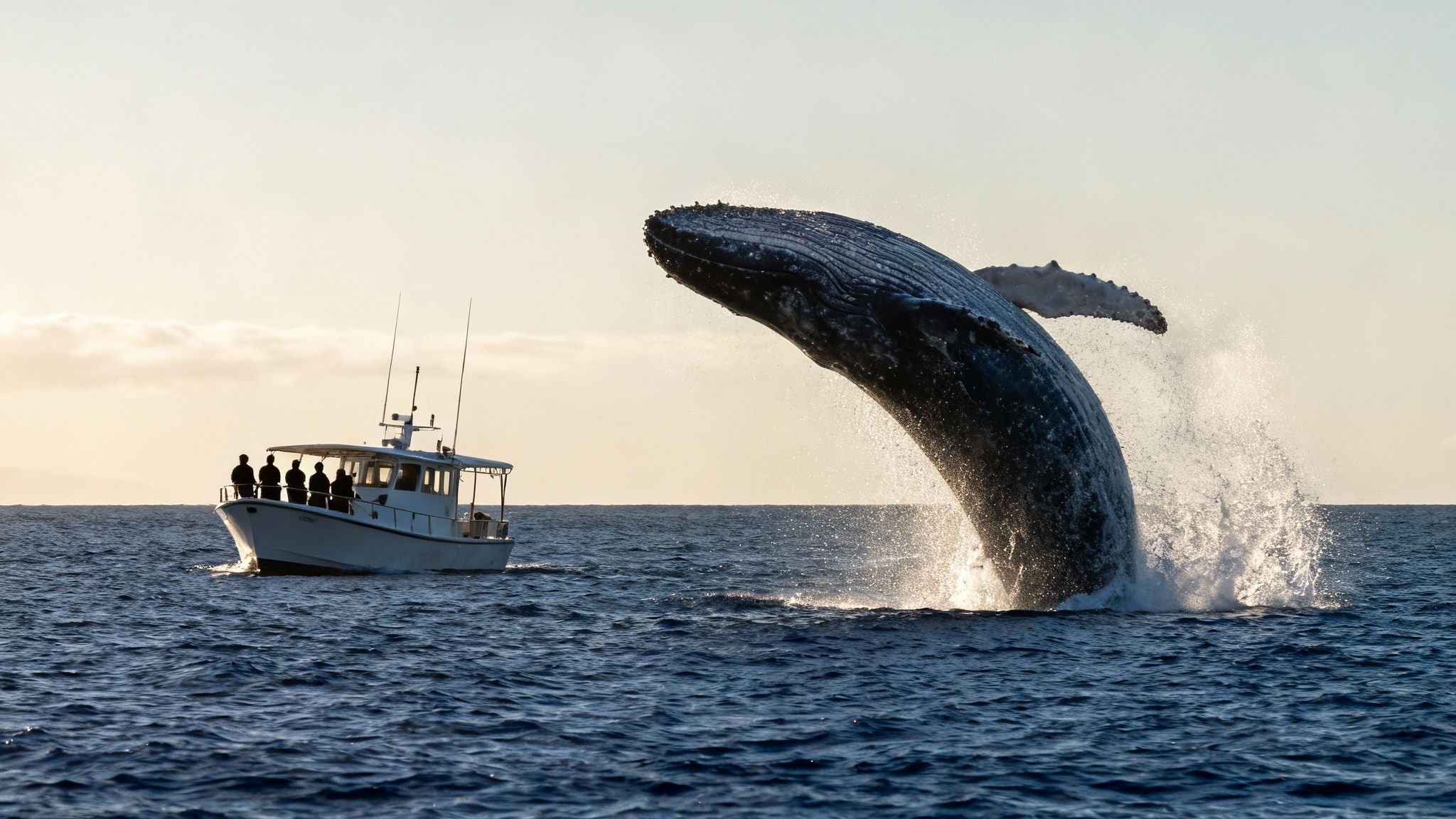 A powerful humpback whale leaps dramatically from the ocean next to a whale watching boat.
