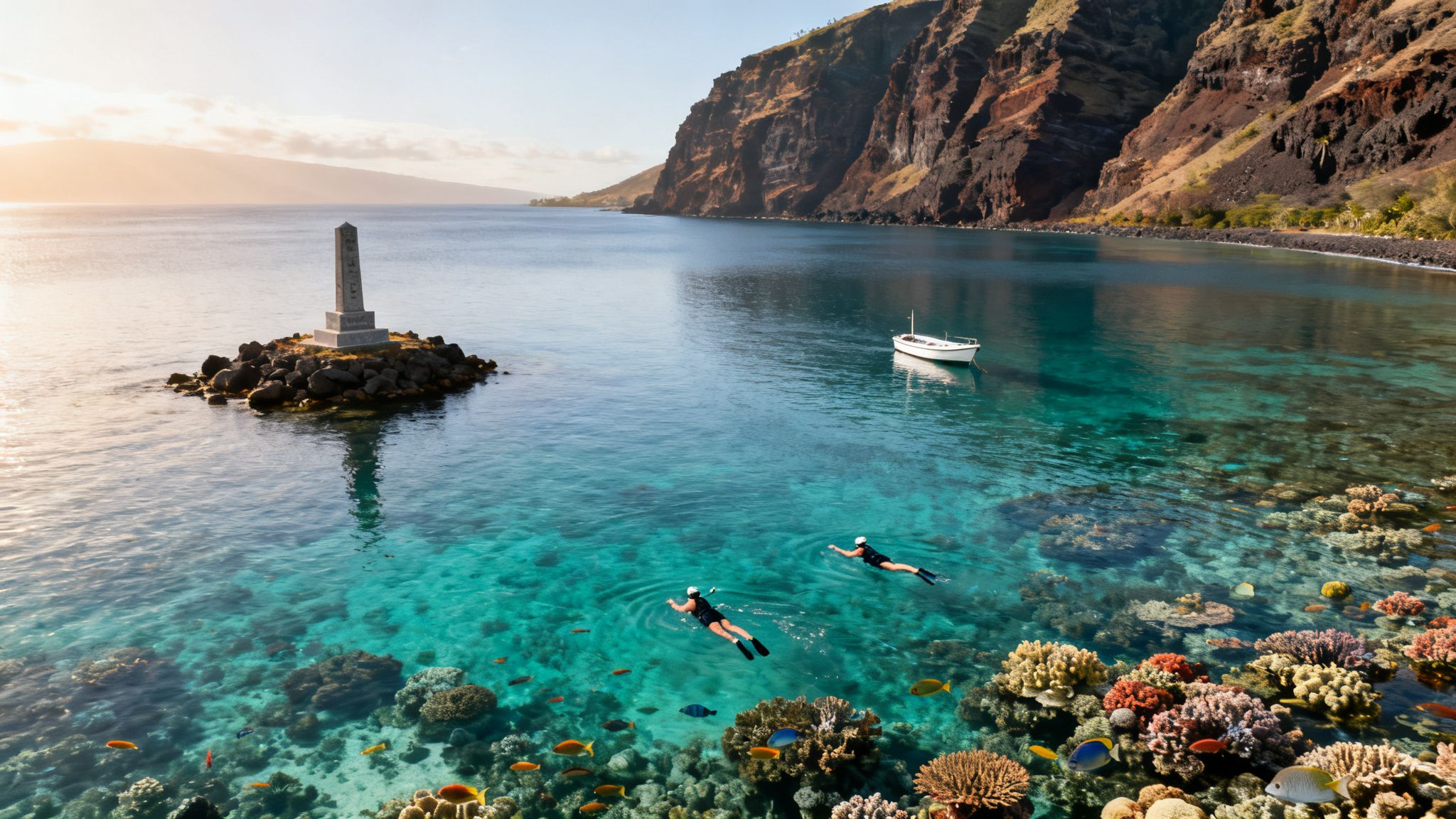 Two people snorkeling in clear turquoise water over a vibrant coral reef with tropical fish.