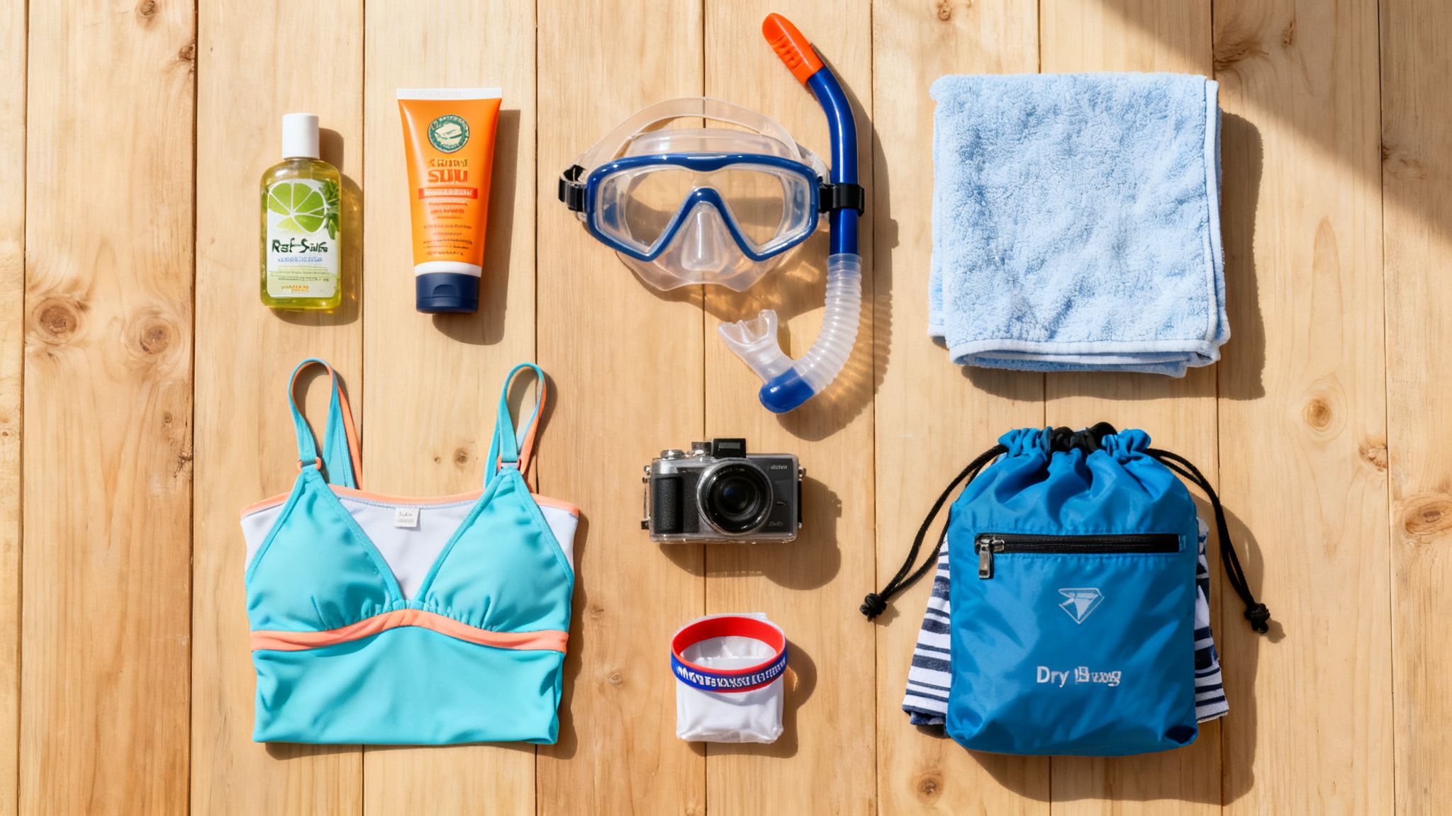 A flat lay of beach and snorkeling essentials including a bikini, camera, and dry bag on wood.