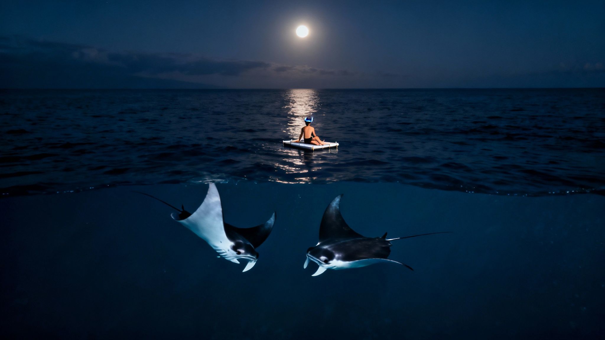 A person on a raft under a full moon watches two manta rays swimming underwater at night.