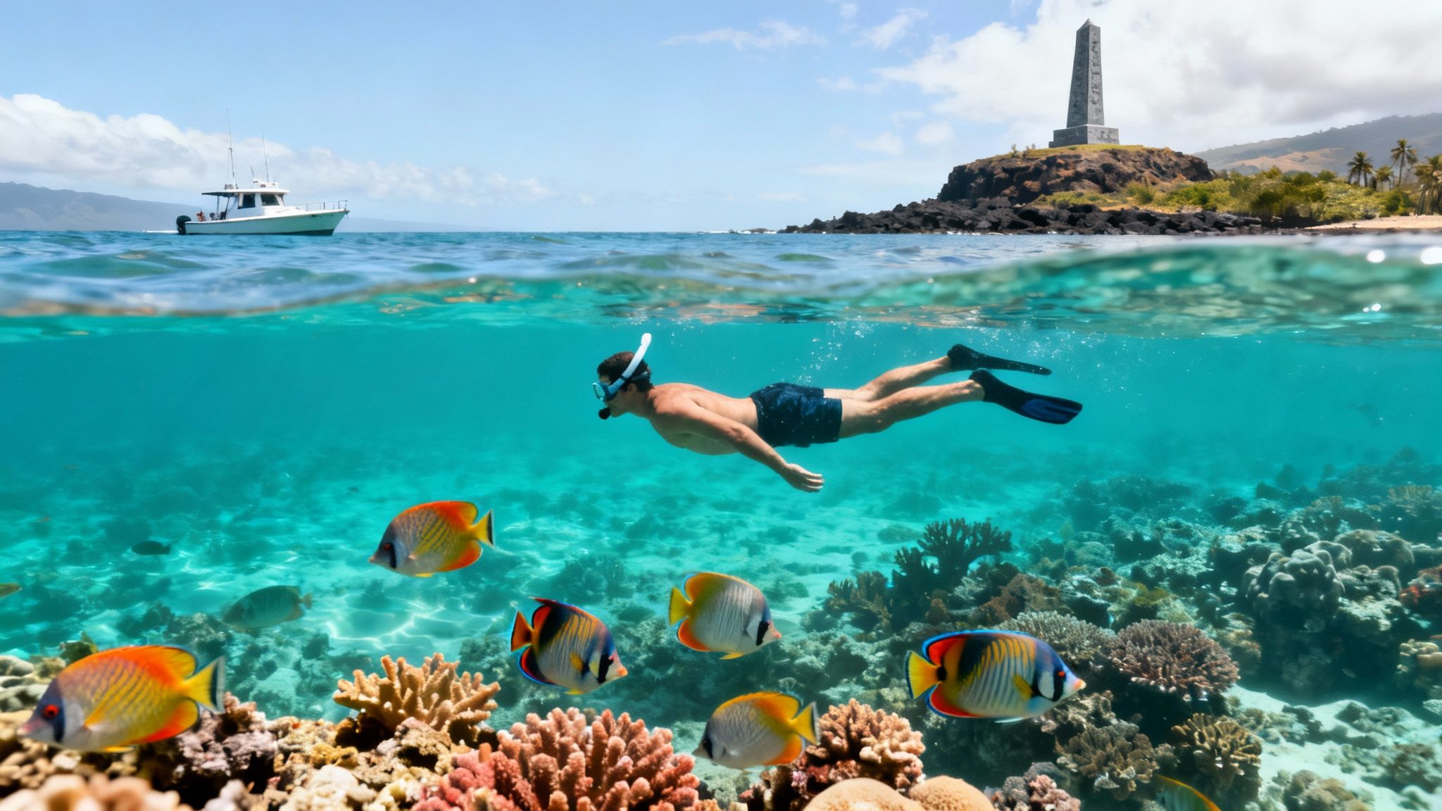 An over-under shot of a man snorkeling with tropical fish and coral near a boat and a monument on an island.