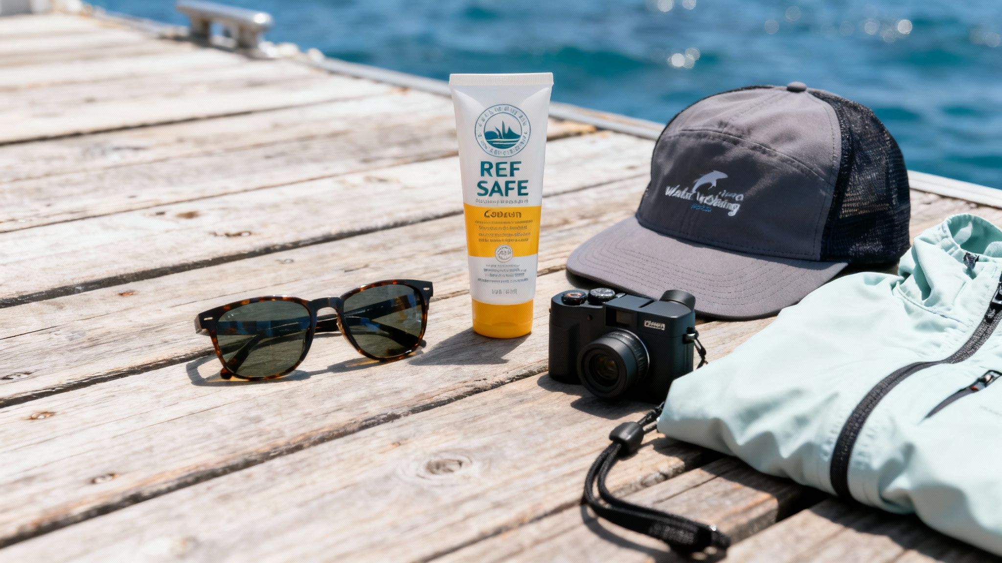 Essentials for a whale watching trip, including sunglasses, sunscreen, hat, camera, and jacket on a dock.