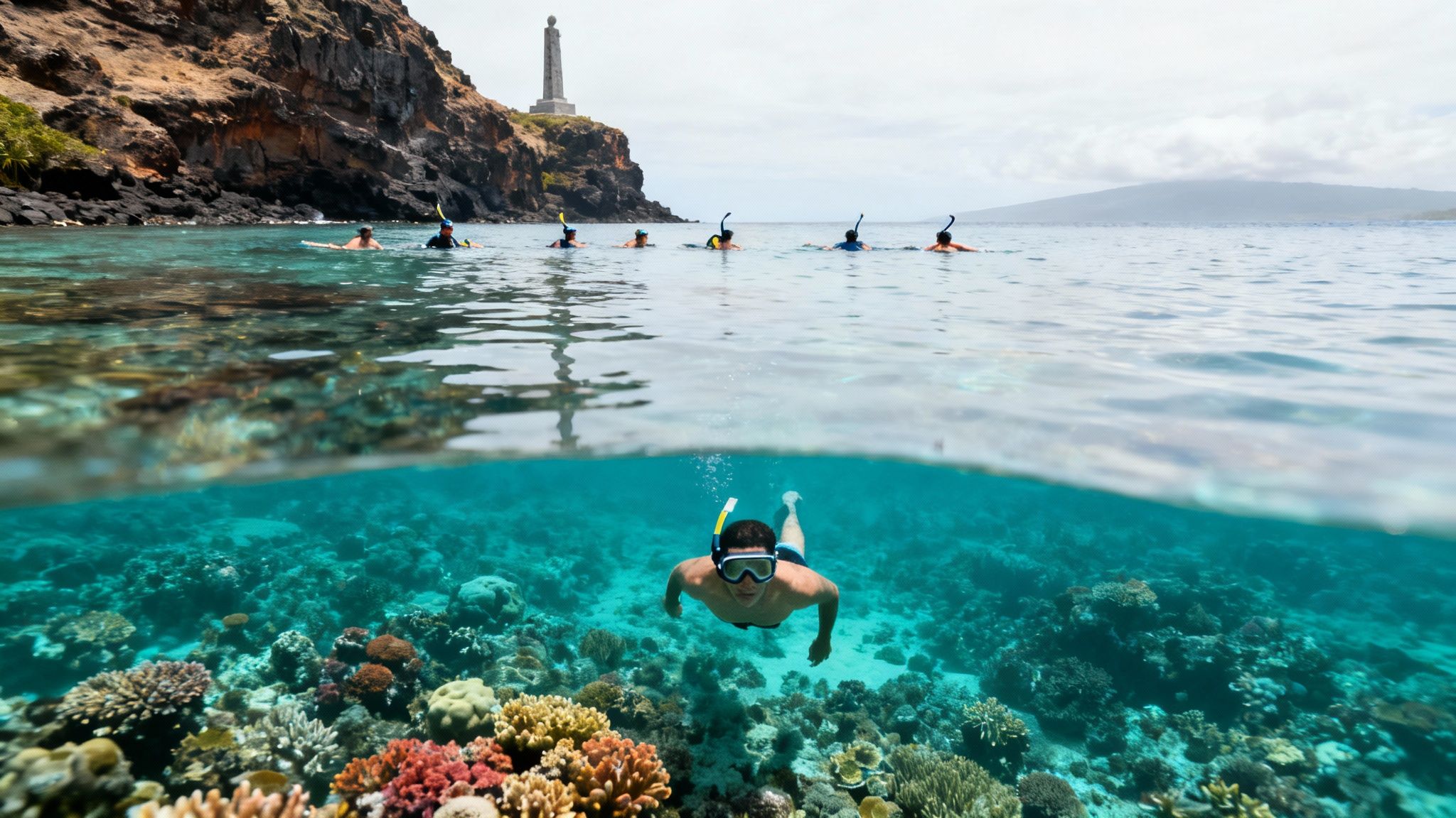 Over/underwater view of a man snorkeling above a vibrant coral reef, with a group and coastline.