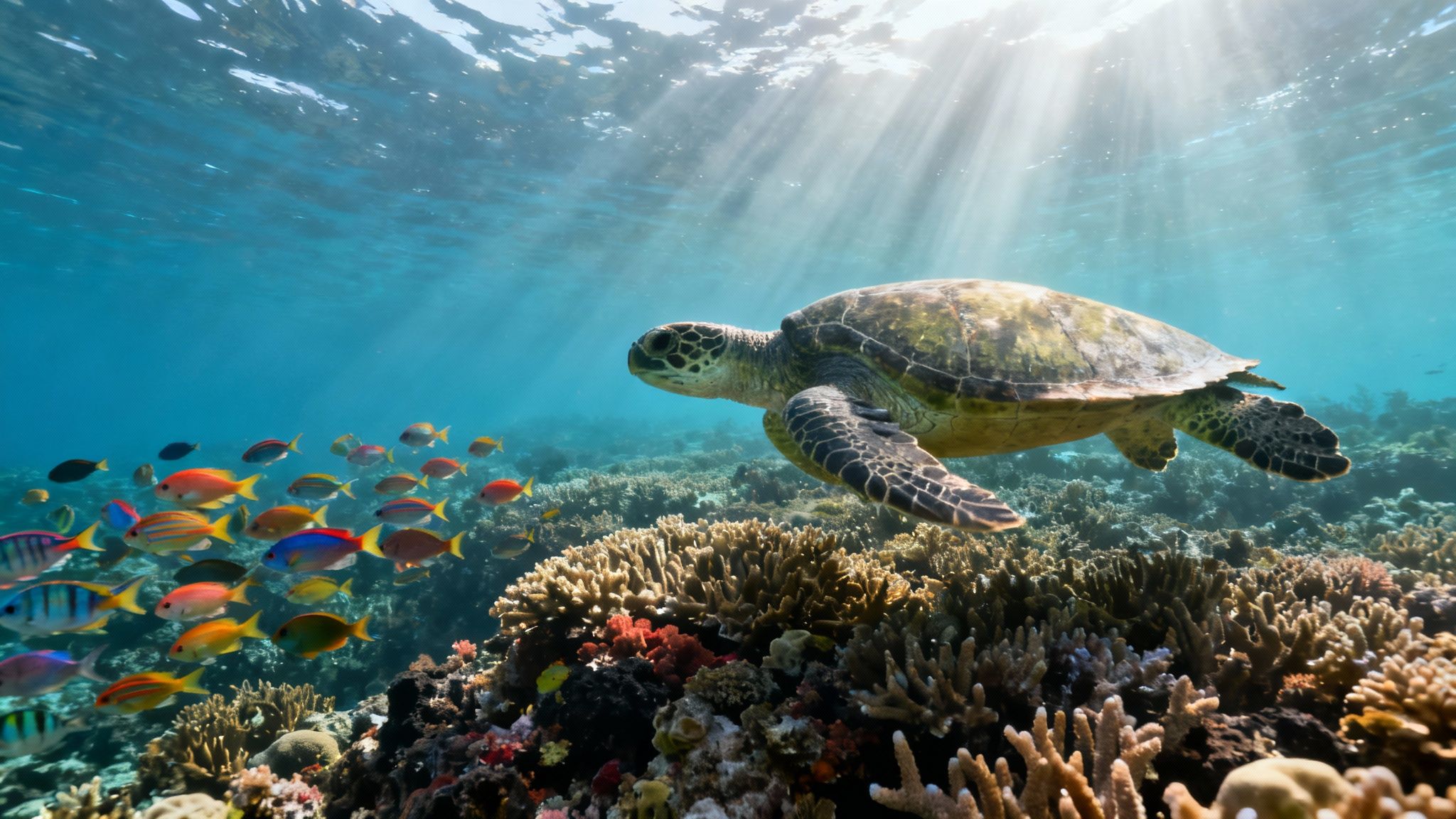 A sea turtle swims gracefully over a vibrant coral reef teeming with colorful fish, bathed in sunlight.