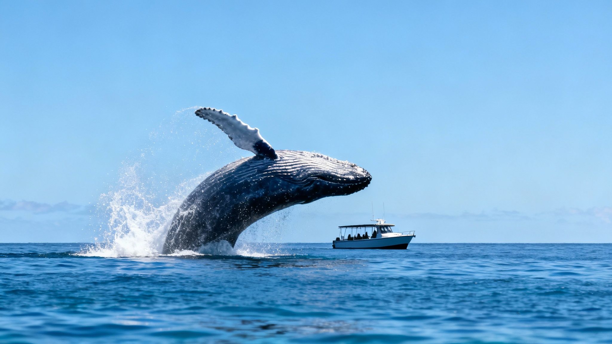 A magnificent humpback whale breaches spectacularly out of the blue ocean next to a whale watching boat.