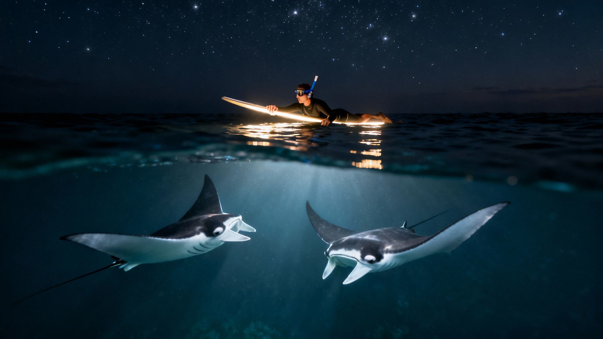 Person snorkeling on a luminous surfboard at night, with two manta rays swimming underwater.