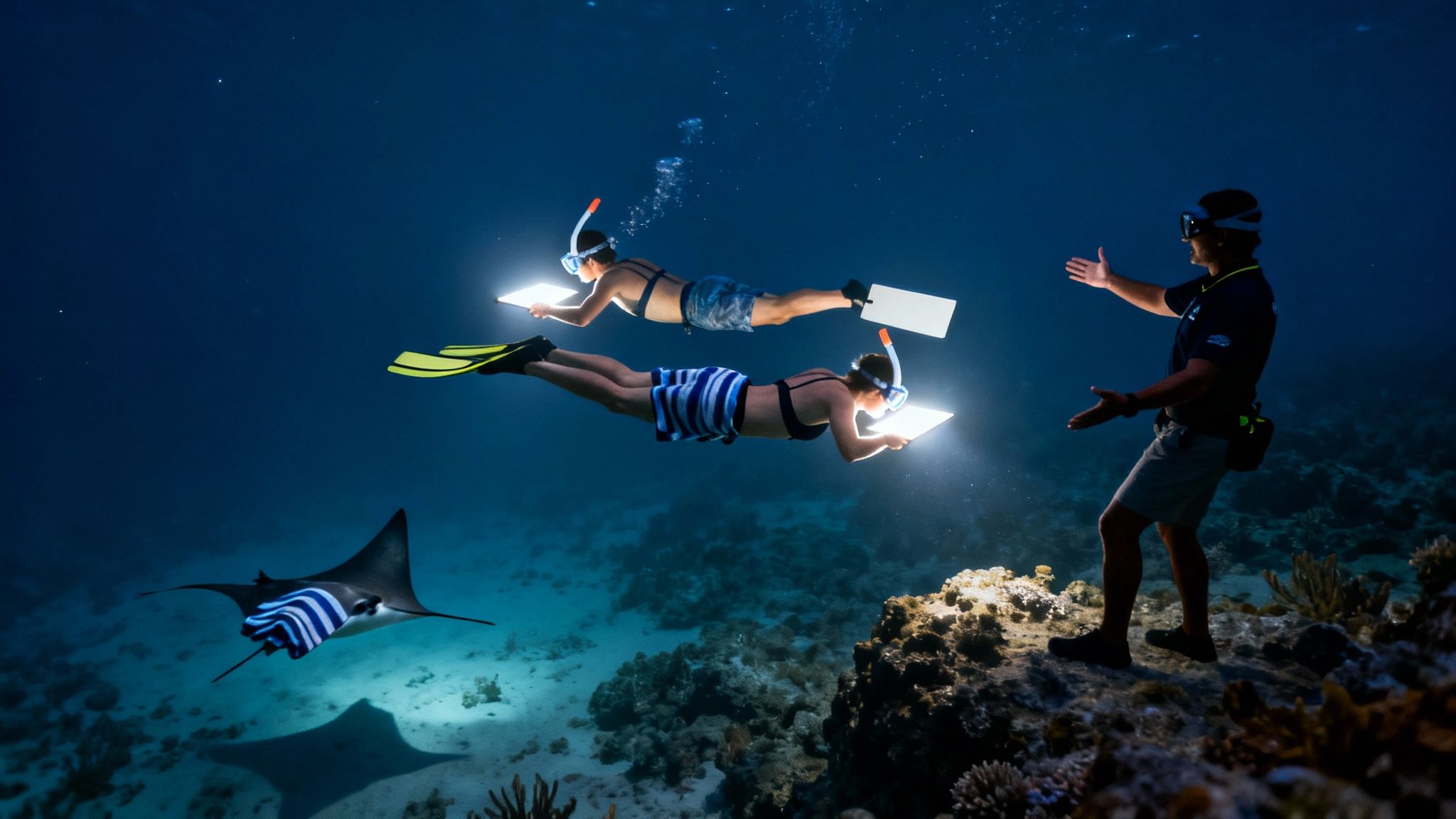 Two people night snorkeling with bright lights, a guide, and a striped manta ray.