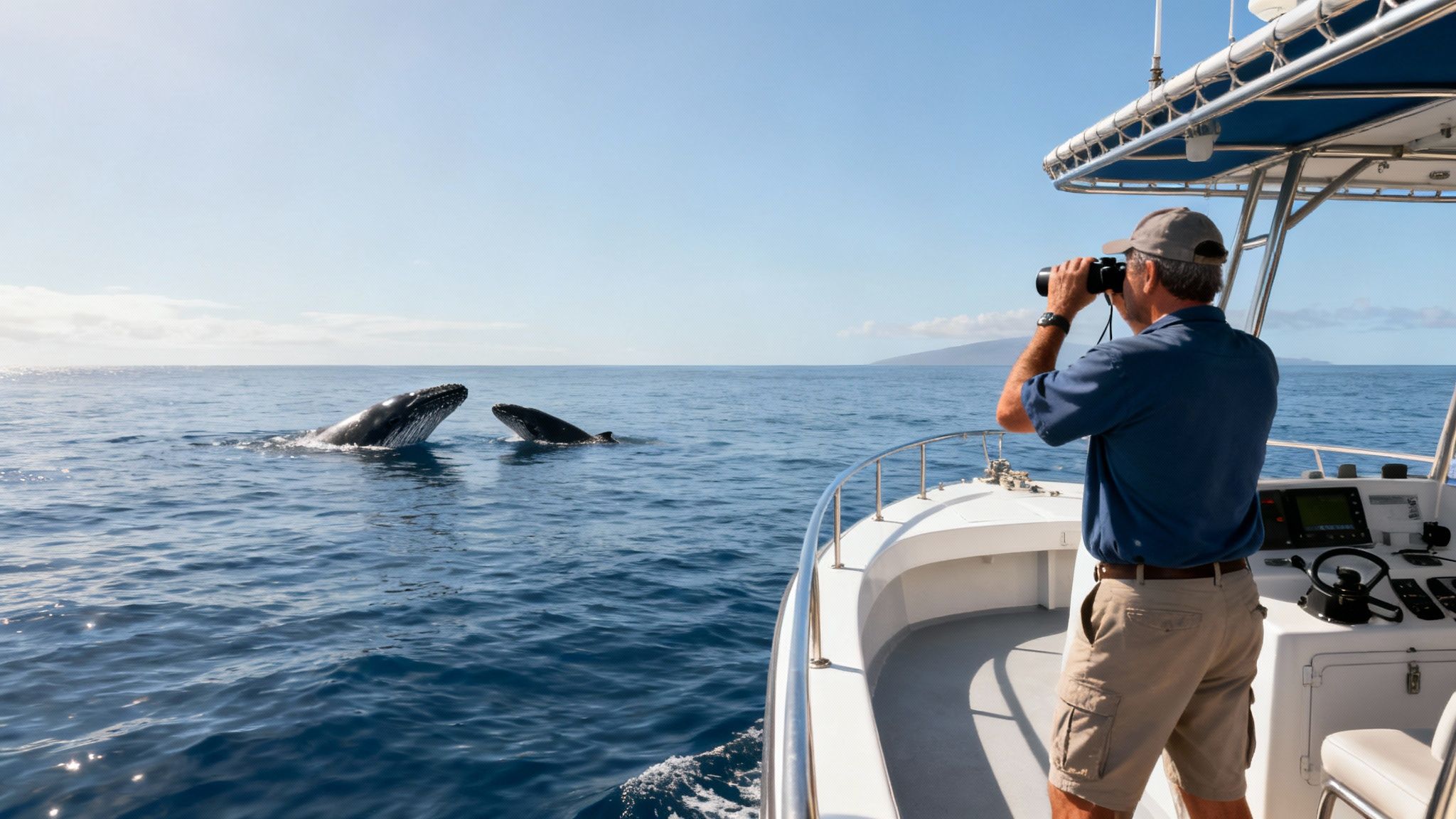 Man with binoculars watching humpback whales breaching from boat in Kona Hawaii waters