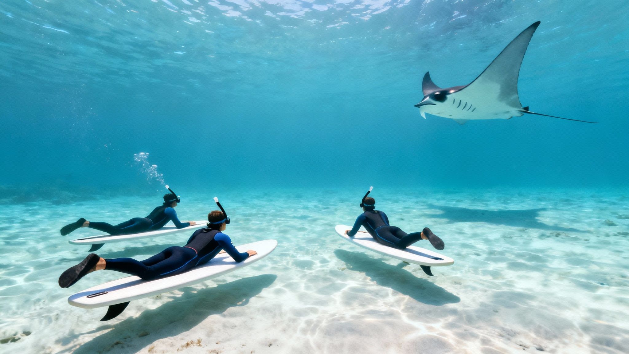 Three snorkelers on boards observe a majestic manta ray in clear blue ocean waters.