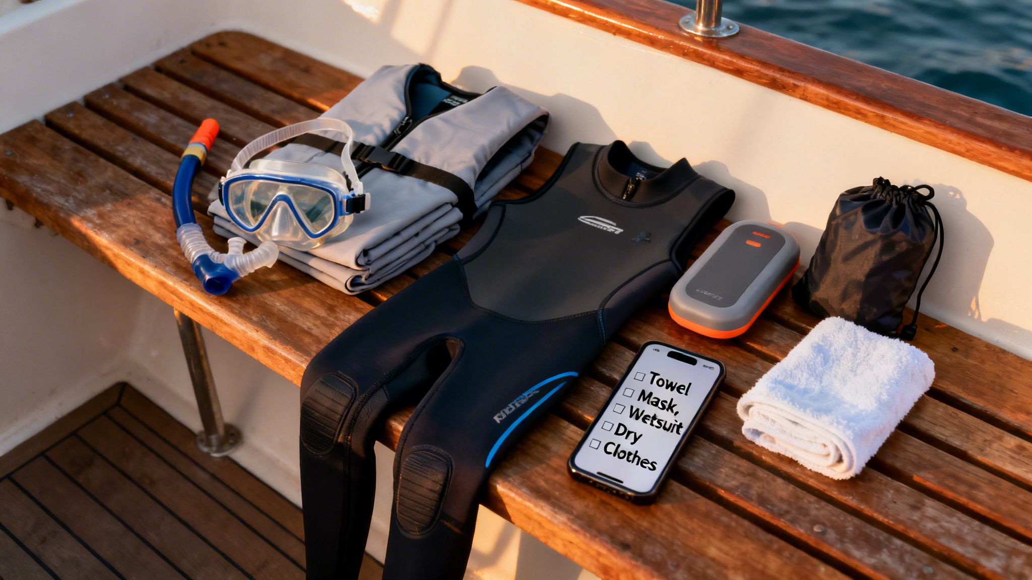 Snorkeling and diving gear, including a wetsuit, mask, and snorkel, laid out on a wooden boat deck.