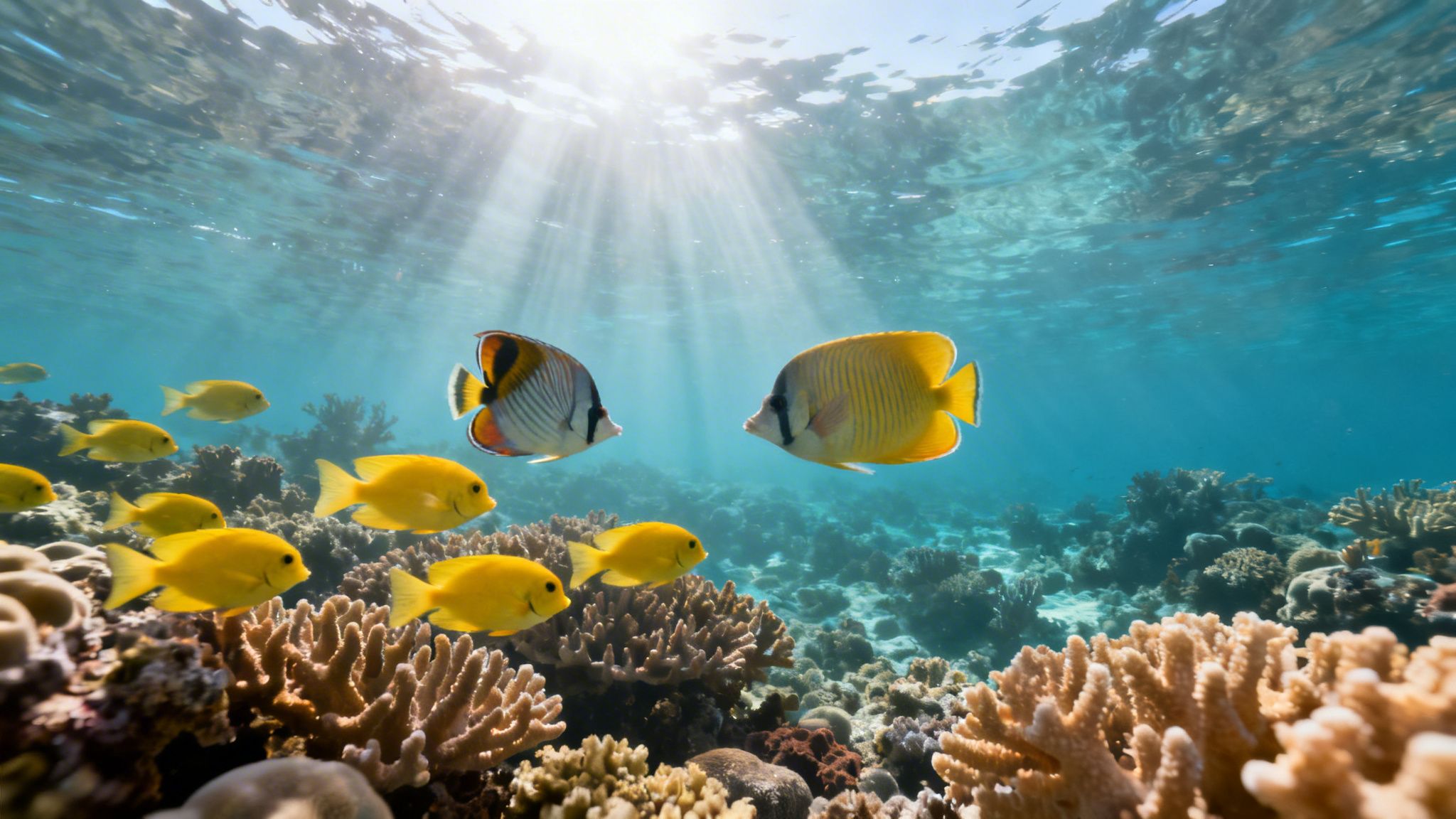 Sunlight streams through clear blue ocean water, revealing a vibrant coral reef with tropical fish.