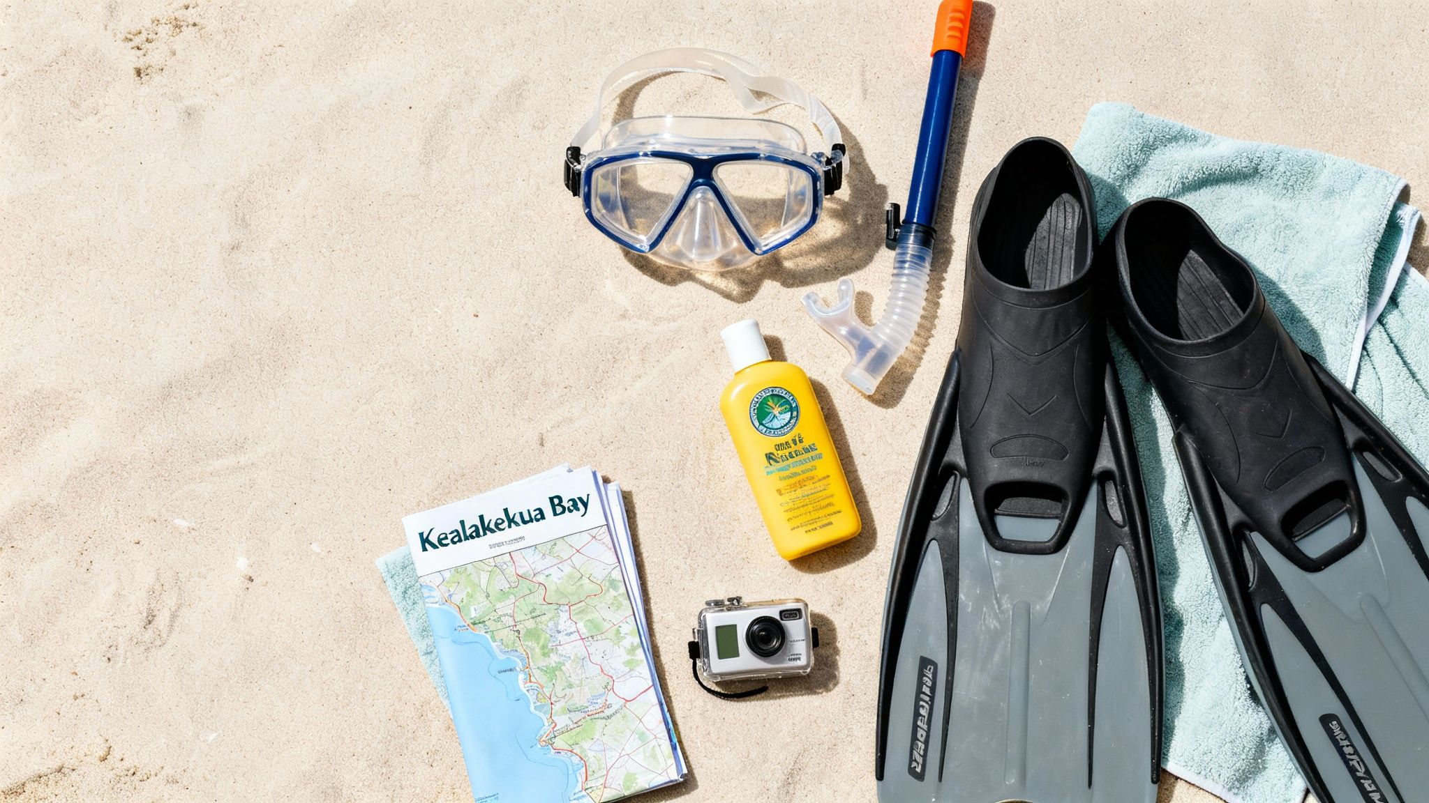 Snorkeling mask, fins, snorkel, sunscreen, and map laid out on a sandy beach.