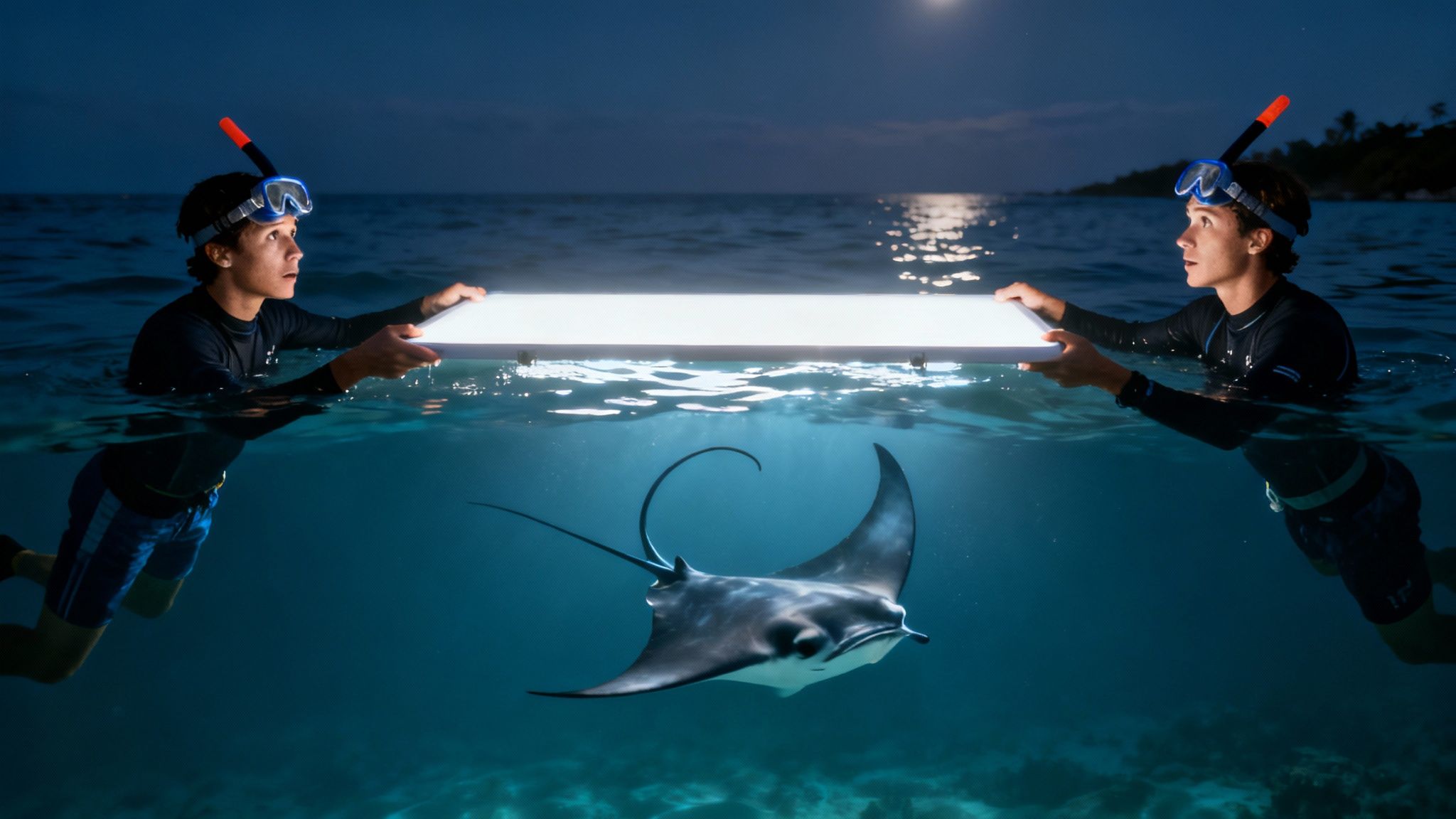 Two snorkelers holding illuminated board at night while manta ray swims underneath in Kona waters