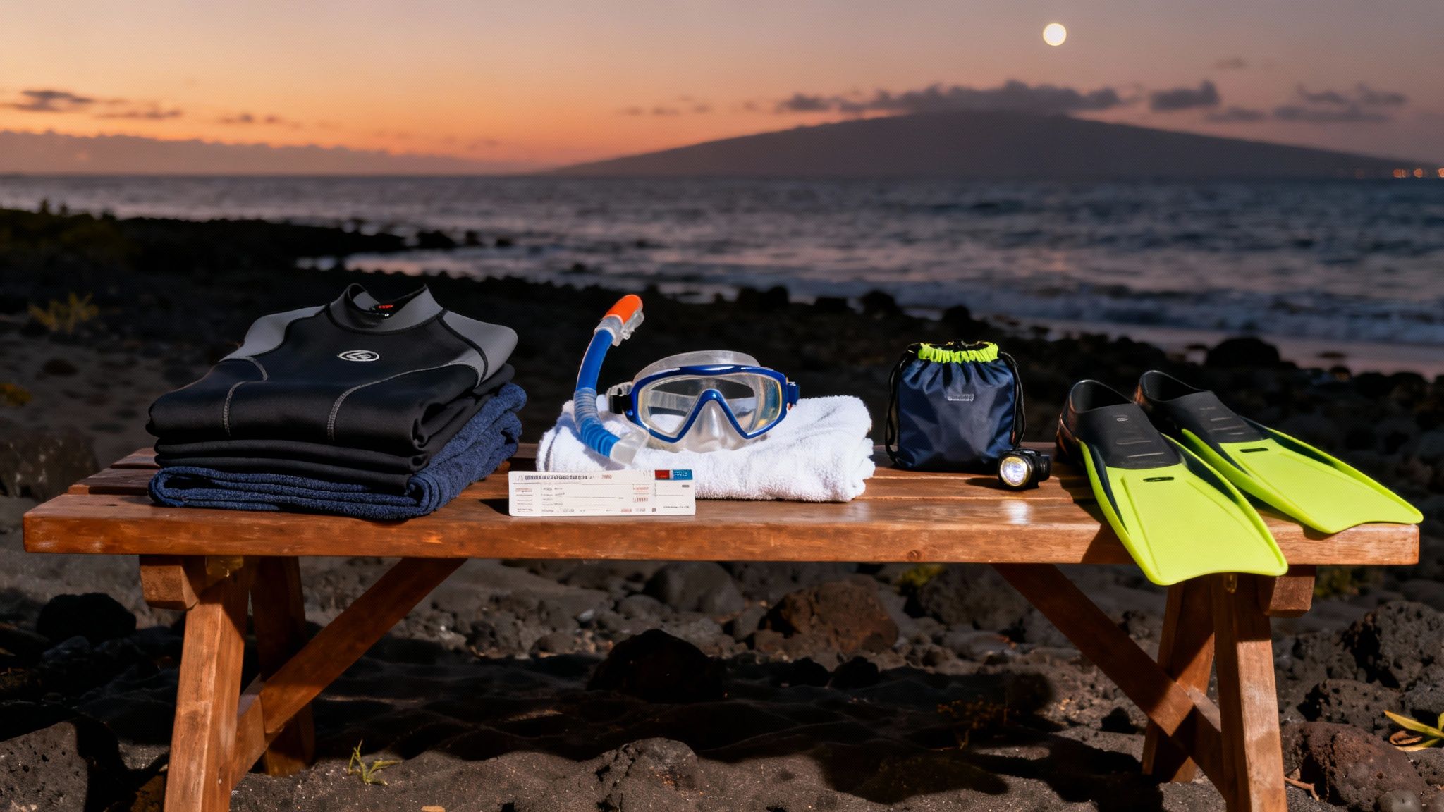 Essential snorkeling equipment, wetsuit, fins, mask, and travel tickets on a beach bench at sunset.