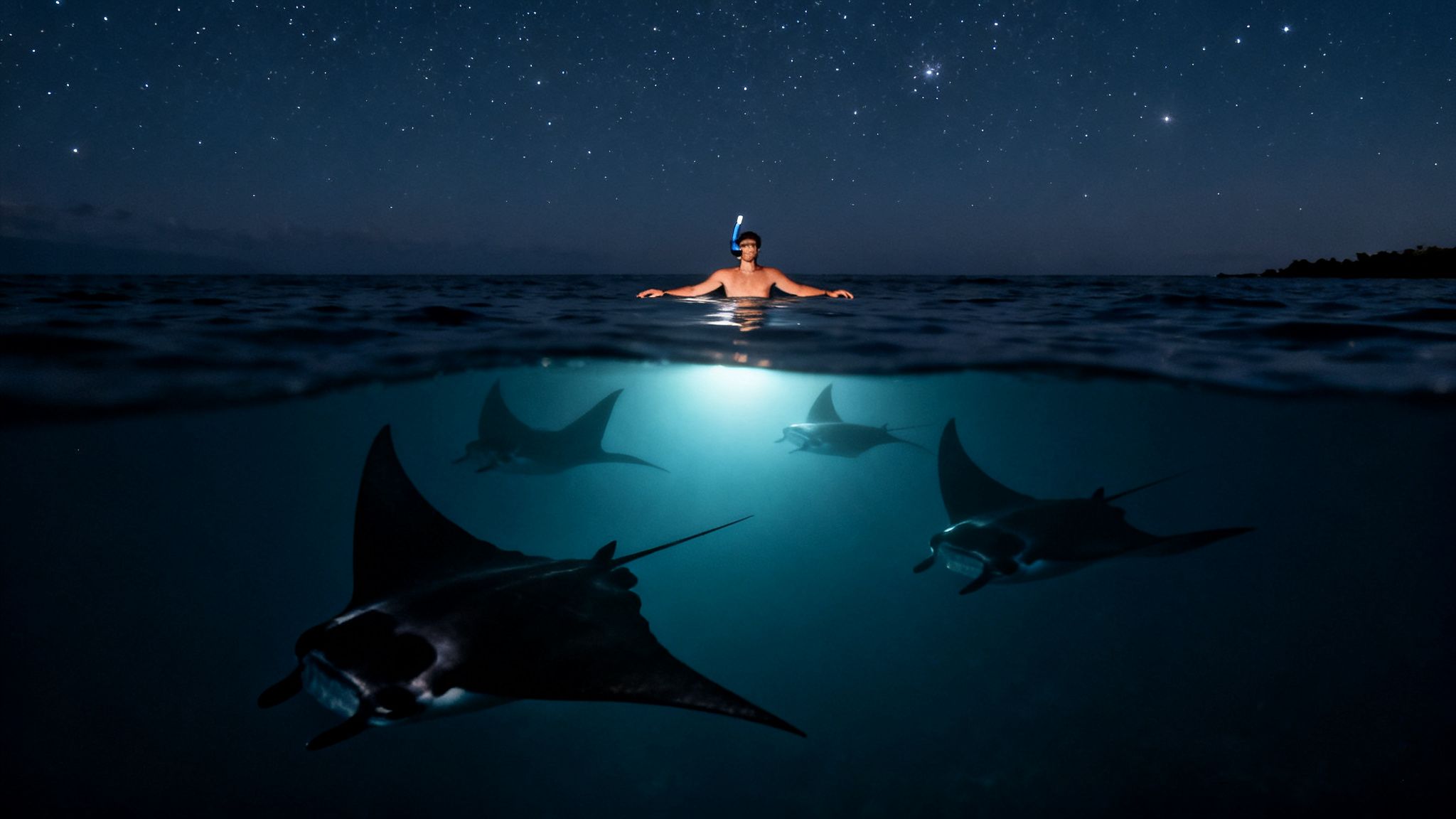 Over-under shot of a snorkeler observing multiple manta rays at night under a starry sky.