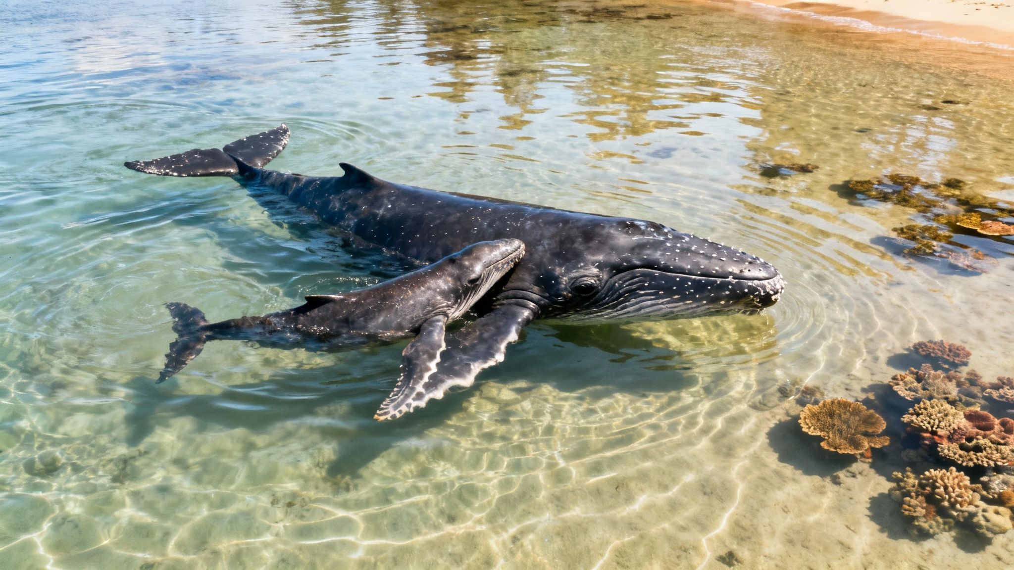 Mother humpback whale and calf in Hawaiian bay