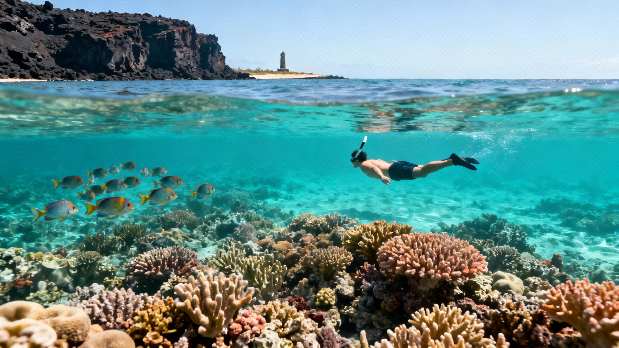 A man snorkels in clear blue waters over coral reefs with colorful fish, a volcanic island and lighthouse above.