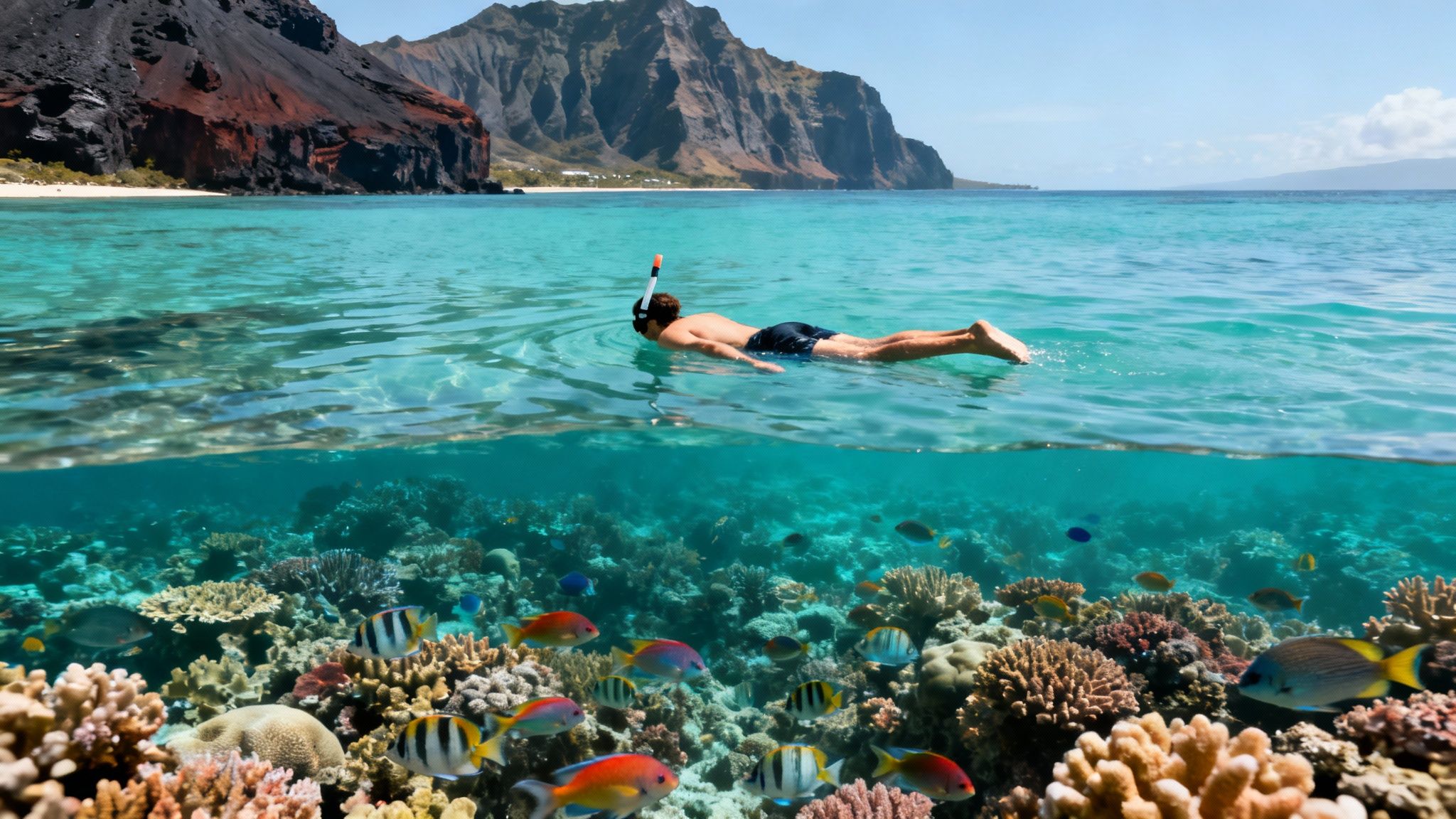 A man snorkels above a vibrant coral reef teeming with colorful fish near a tropical island.