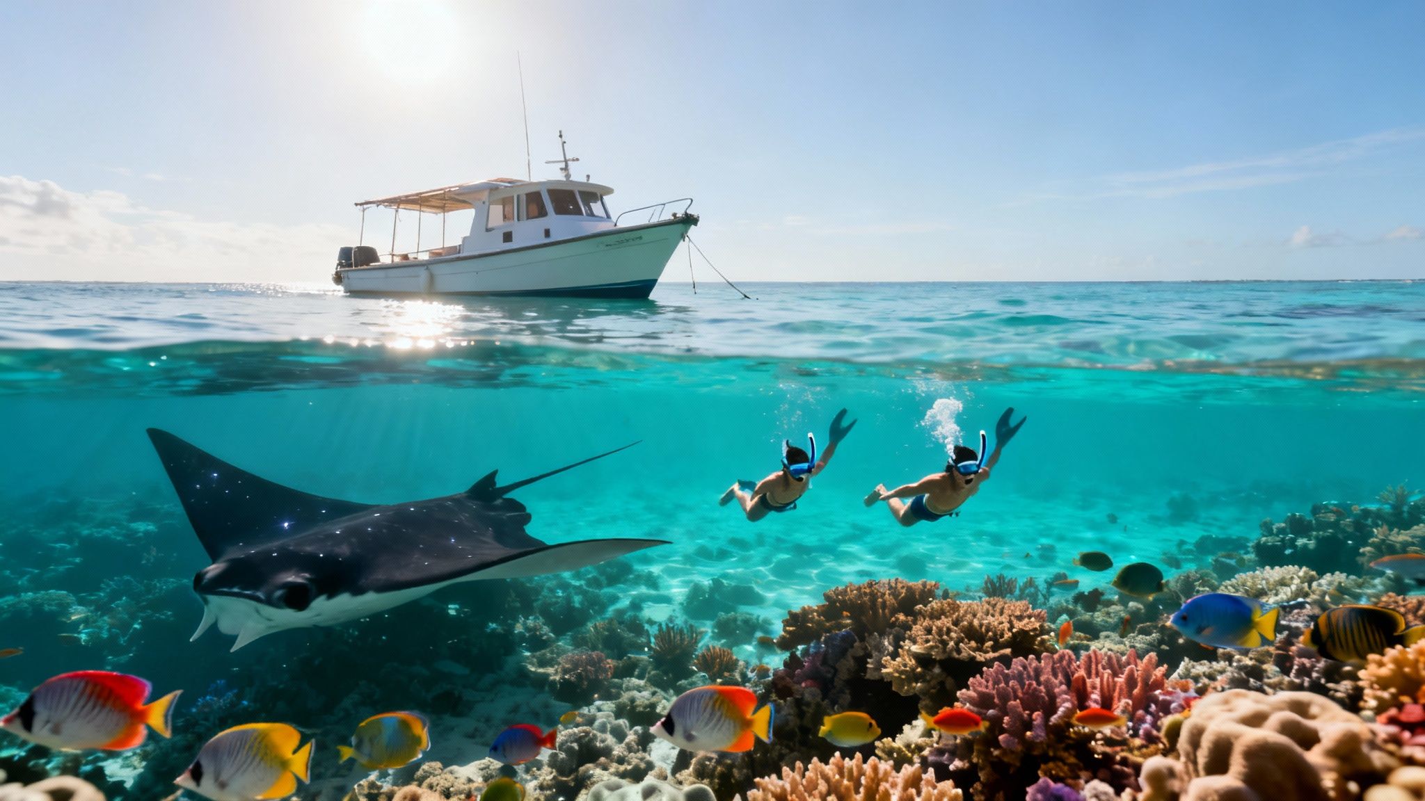Vibrant split image of snorkelers, a manta ray, colorful coral reef, and a boat.