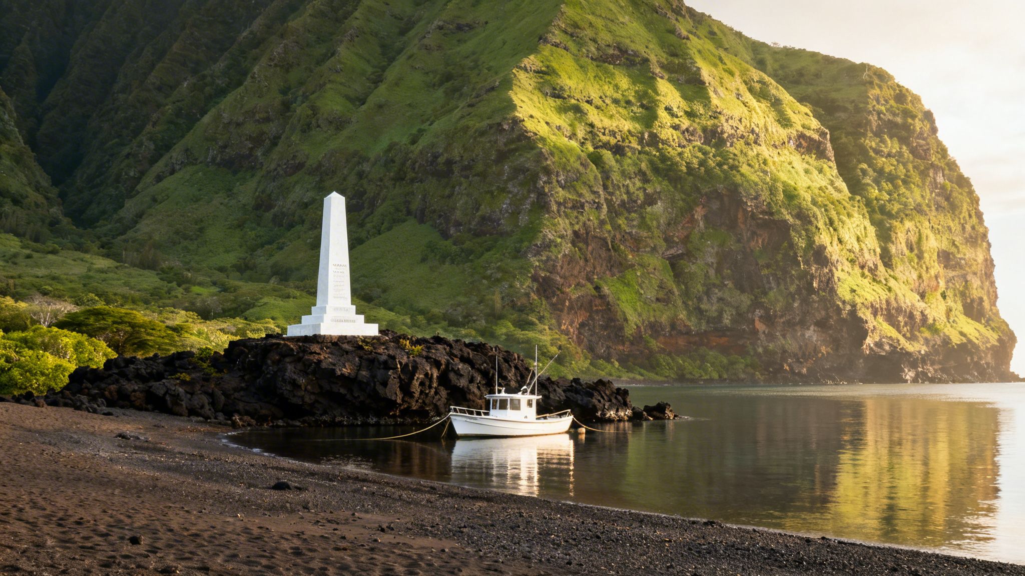 The white Captain Cook monument on a rocky shore, a boat in a calm bay, and lush green cliffs.