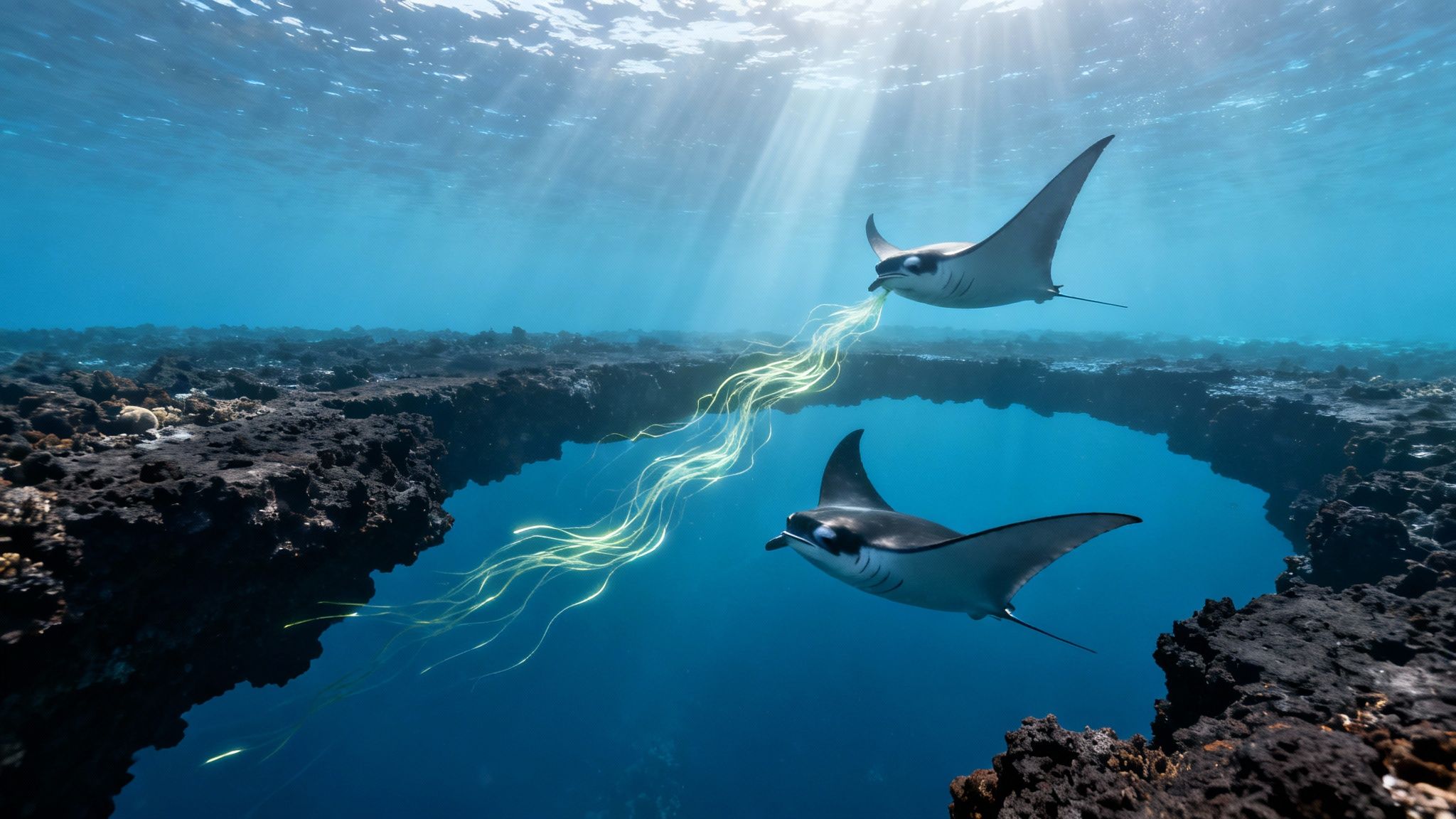 Two majestic manta rays swim underwater with glowing energy connecting them, above dark coral reefs.