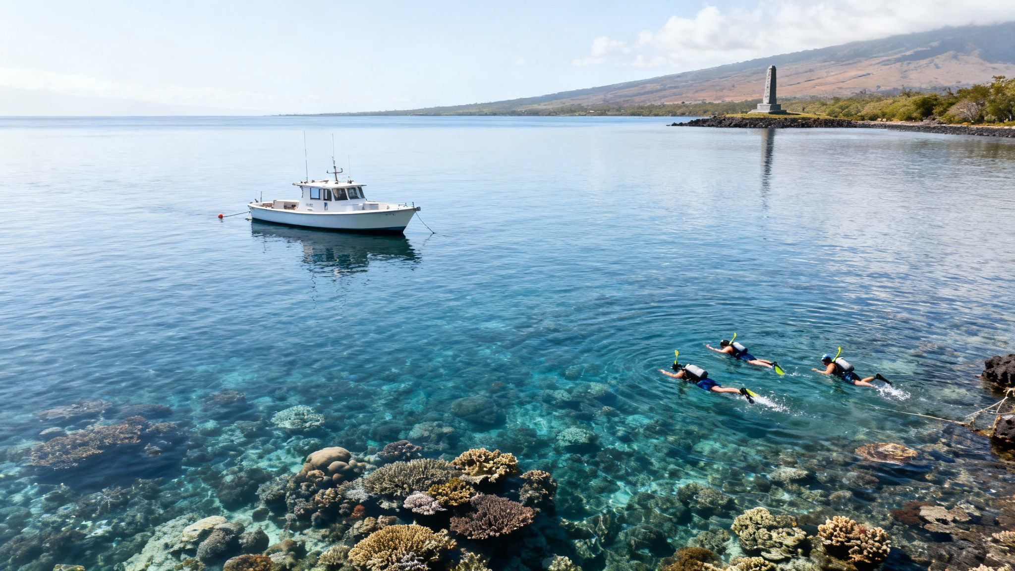 Snorkelers explore a vibrant coral reef near a boat in Kona, Hawaii.