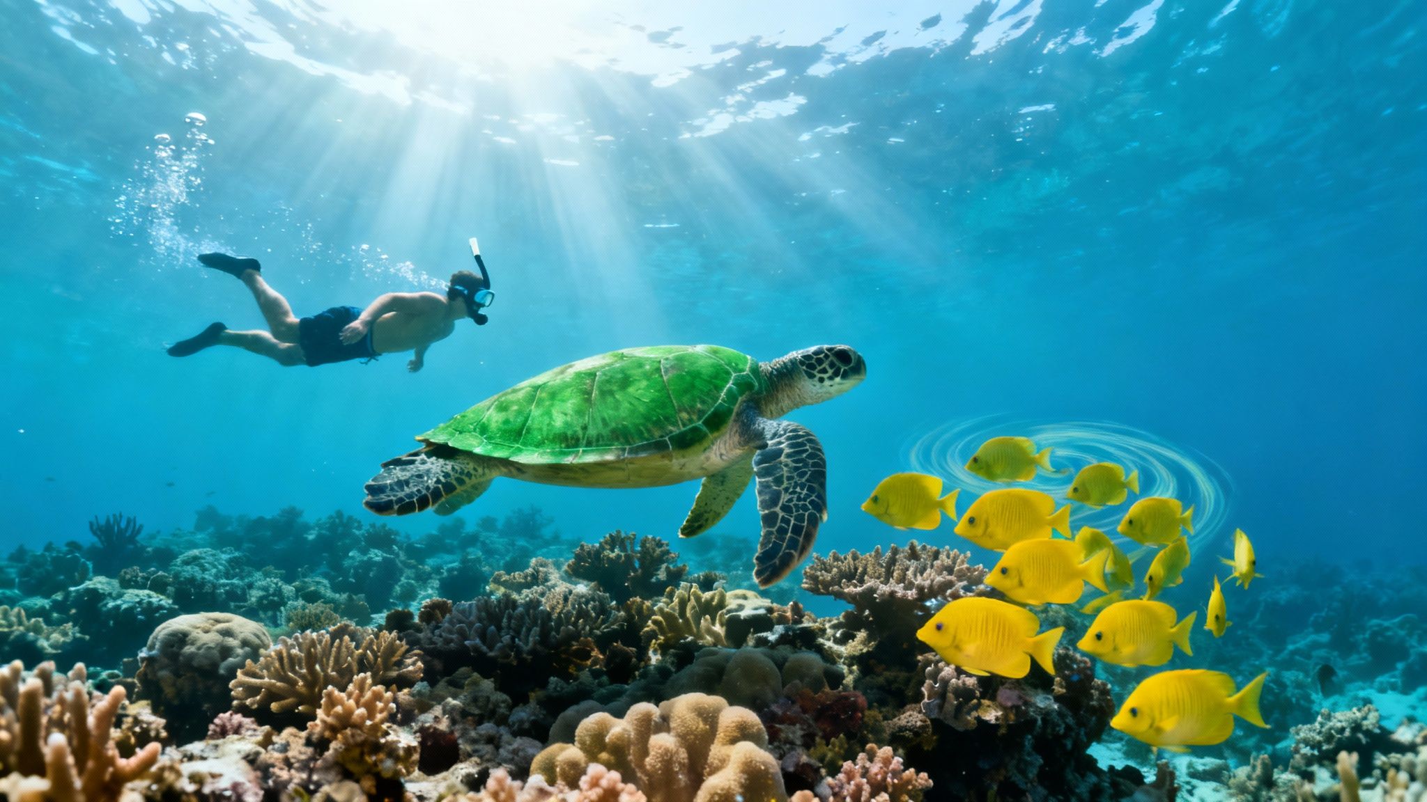 Snorkeler swimming over a colorful coral reef teeming with yellow tang fish in Kealakekua Bay.