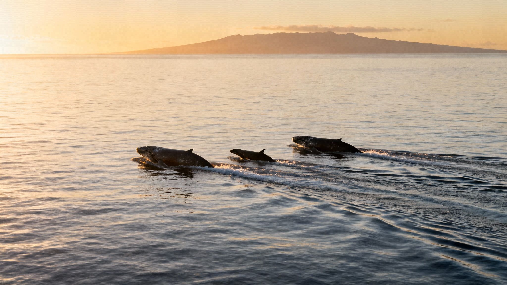 Humpback whales, including a calf, swim in the golden ocean at sunset with an island.