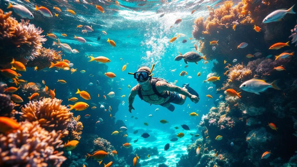 Woman snorkeling in clear water with yellow tang fish.