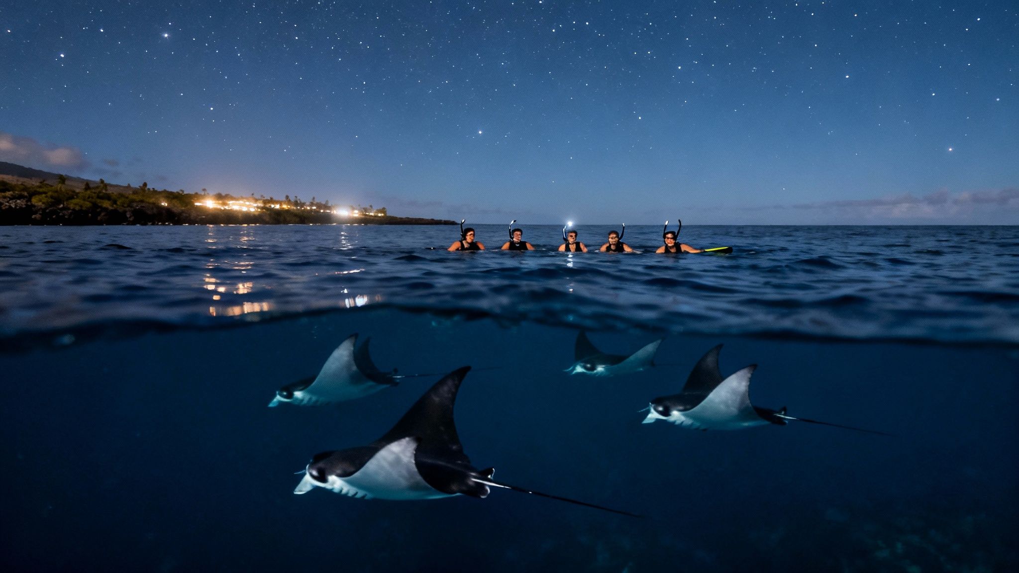 People snorkeling at night with manta rays swimming below and a starry sky above a lit coast.