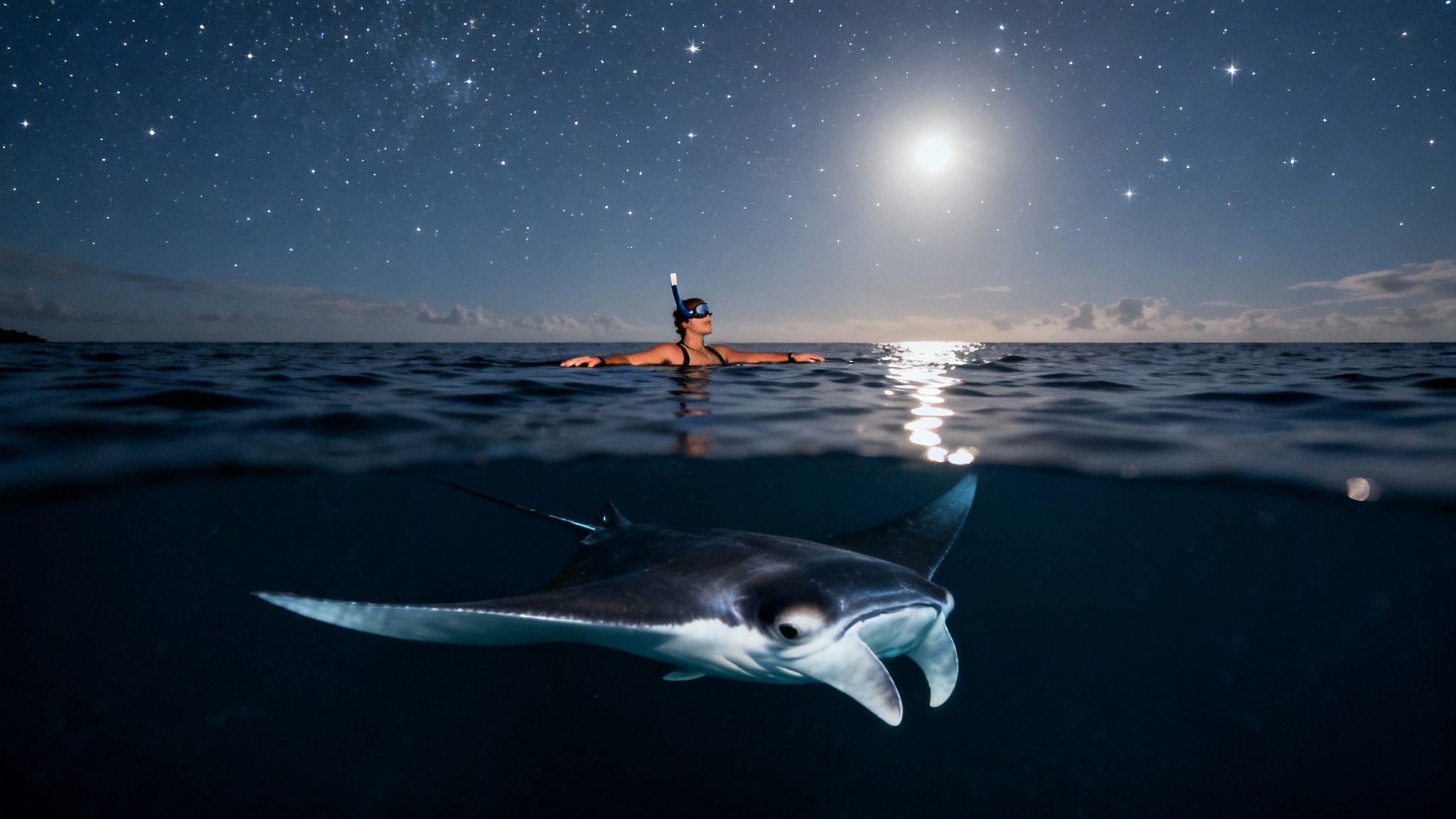 A snorkeler swims at night with a majestic manta ray under a starry sky and bright moon.