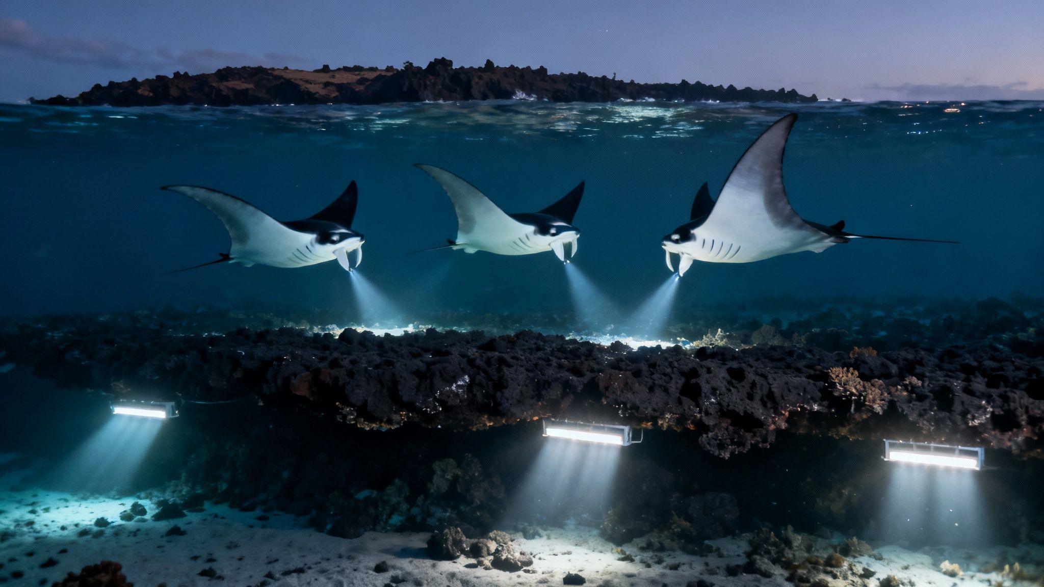 Stunning night scene of three manta rays with lights, swimming above a vibrant coral reef.