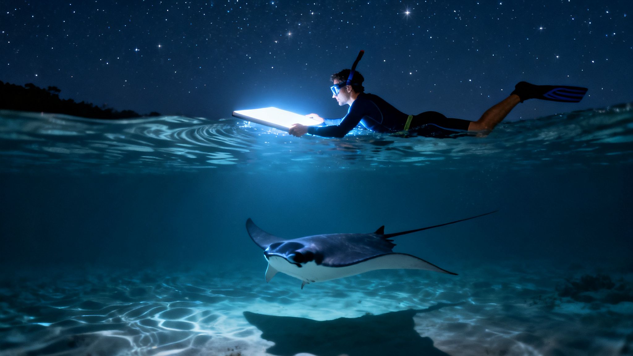 A person snorkeling at night with a glowing board, observing a manta ray swimming below under a starry sky.
