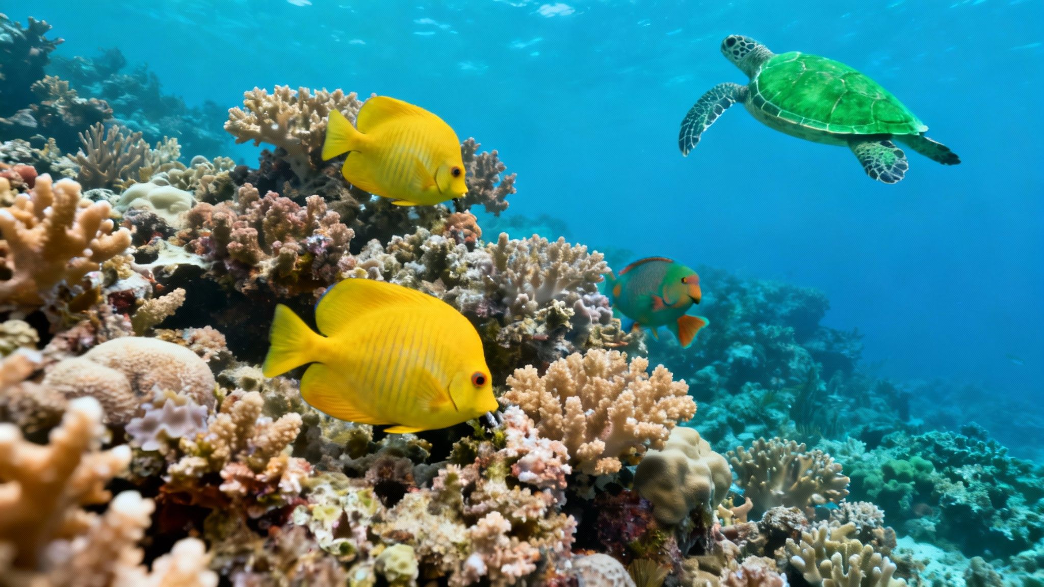 A vibrant underwater scene in Kealakekua Bay with colorful coral and a school of tropical fish.