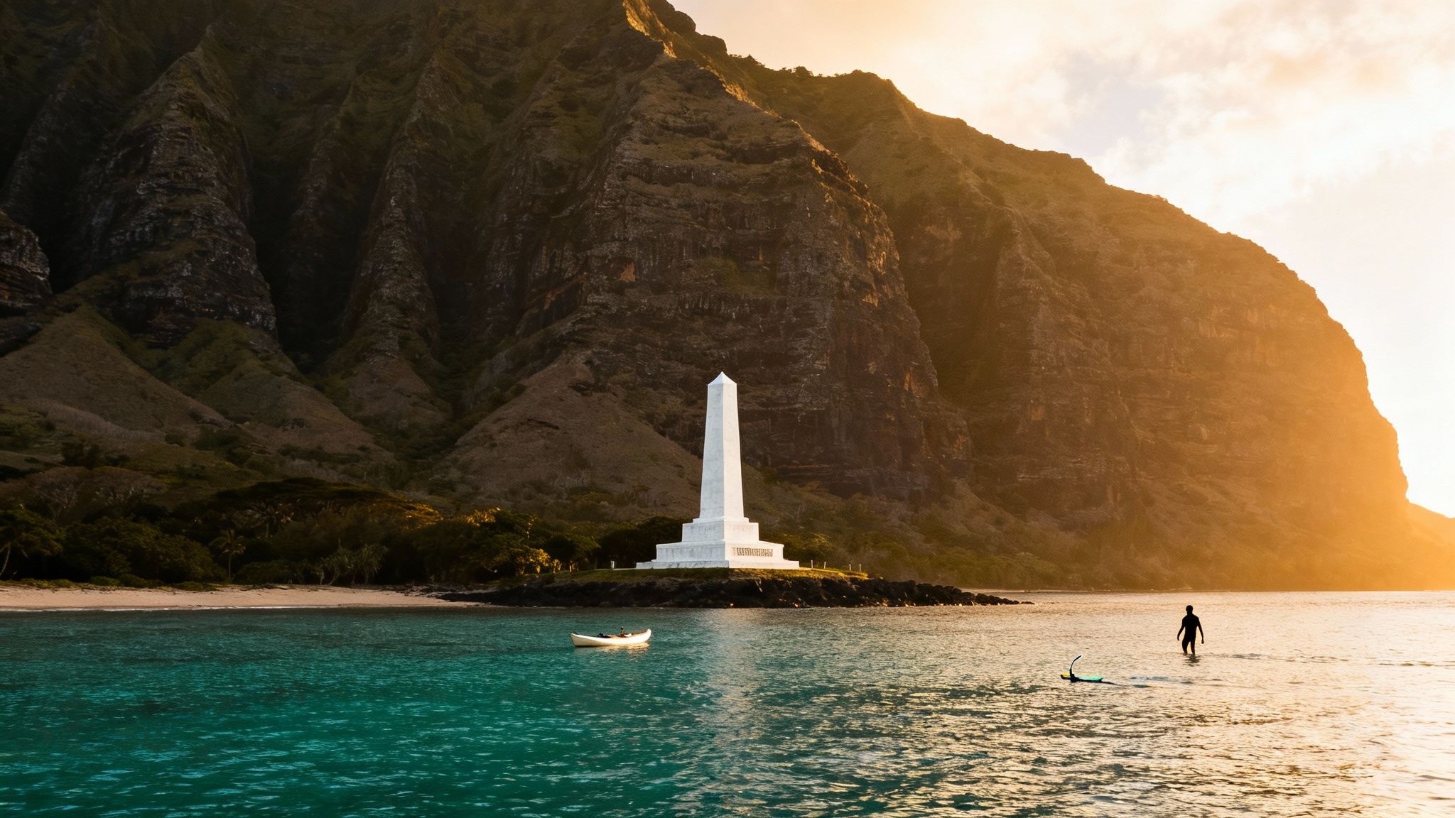 Captain Cook monument on a Hawaiian coast with majestic mountains, clear water, and a person with a surfboard.