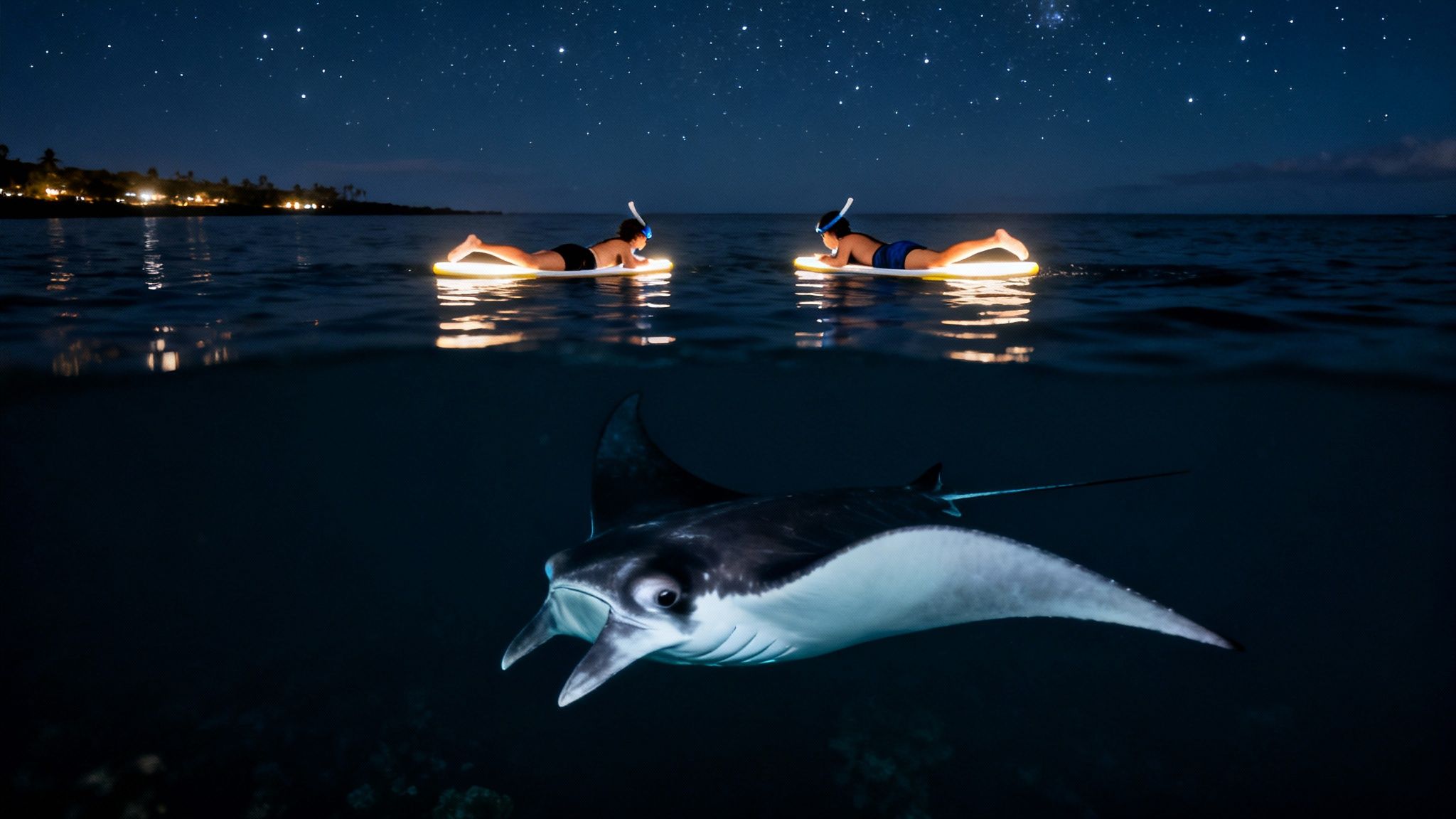 A large manta ray glides gracefully through dark water, illuminated by a light from above.