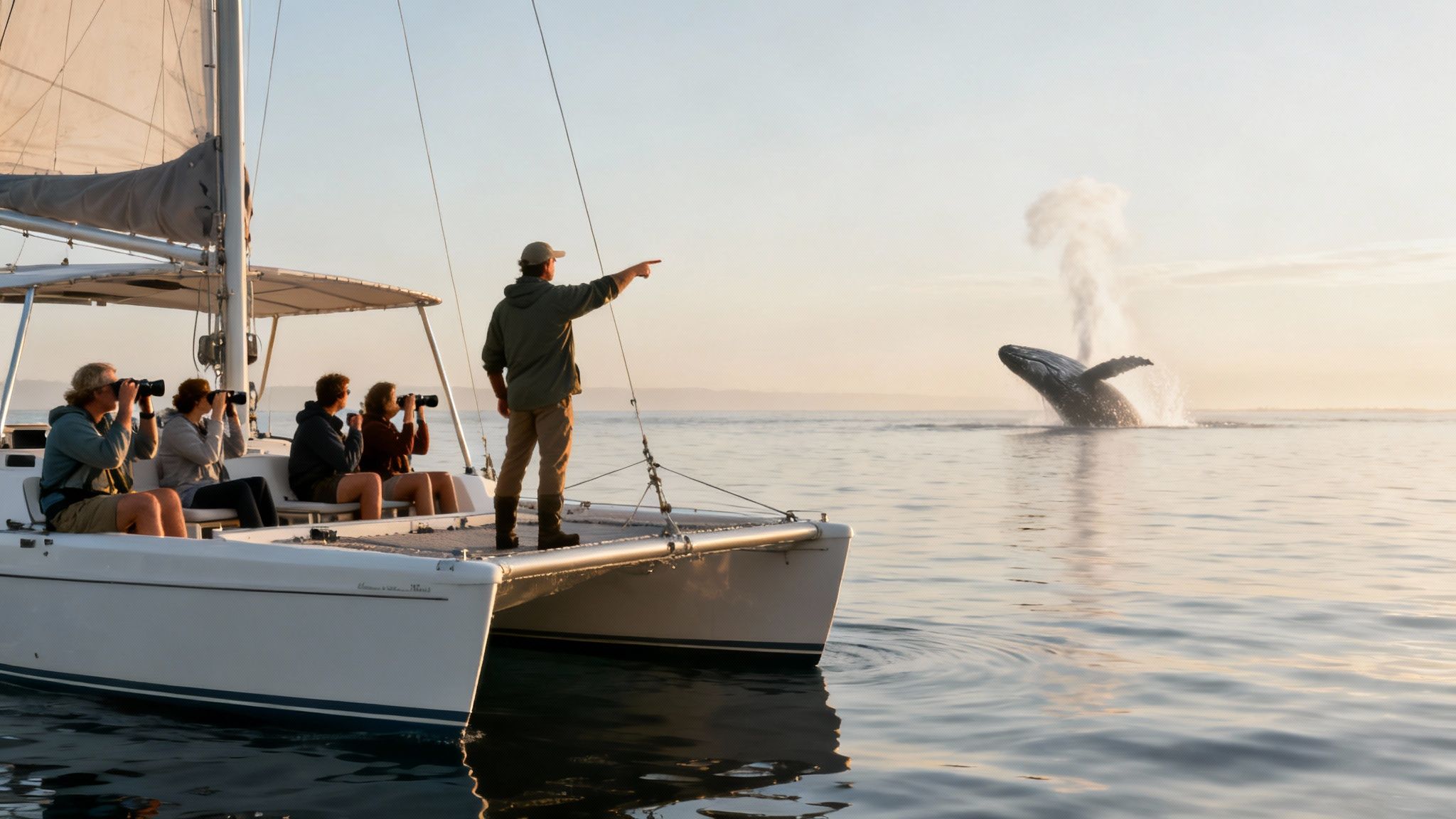 Tourists on a catamaran whale watching as a humpback whale breaches out of the ocean at sunset.