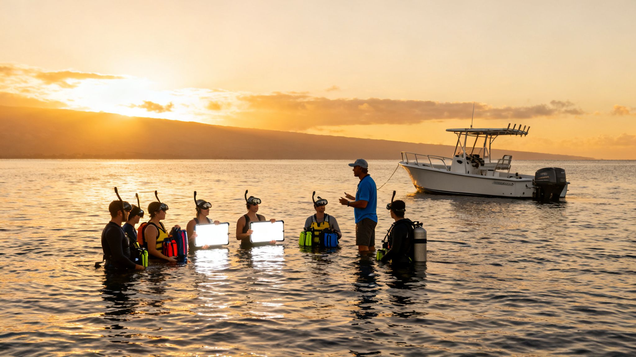 Group of snorkelers and divers with glowing lights in the ocean at sunset, receiving instructions.