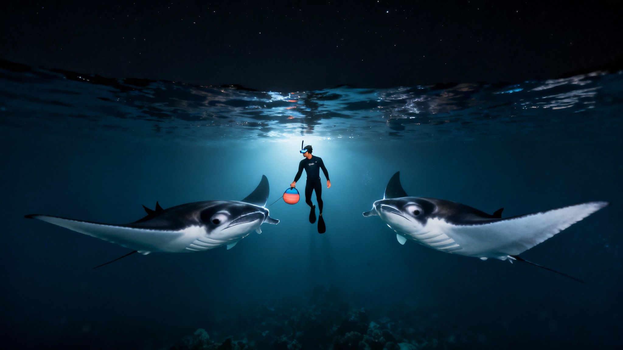 A snorkeler watching a giant manta ray glide gracefully through the illuminated water during a night snorkel in Kona, Hawaii.