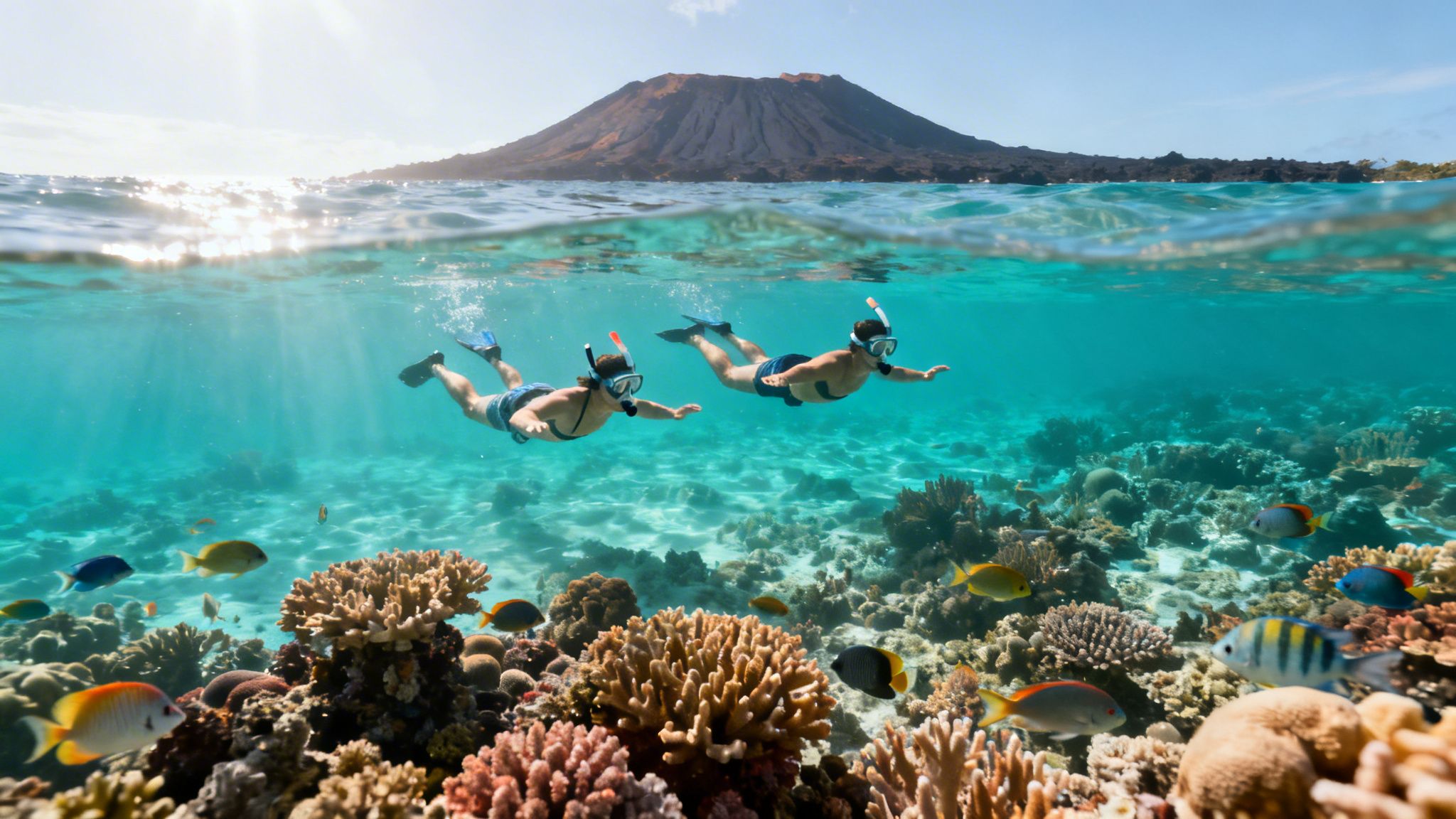 Two people snorkeling above a vibrant coral reef near a volcanic island on a sunny day.