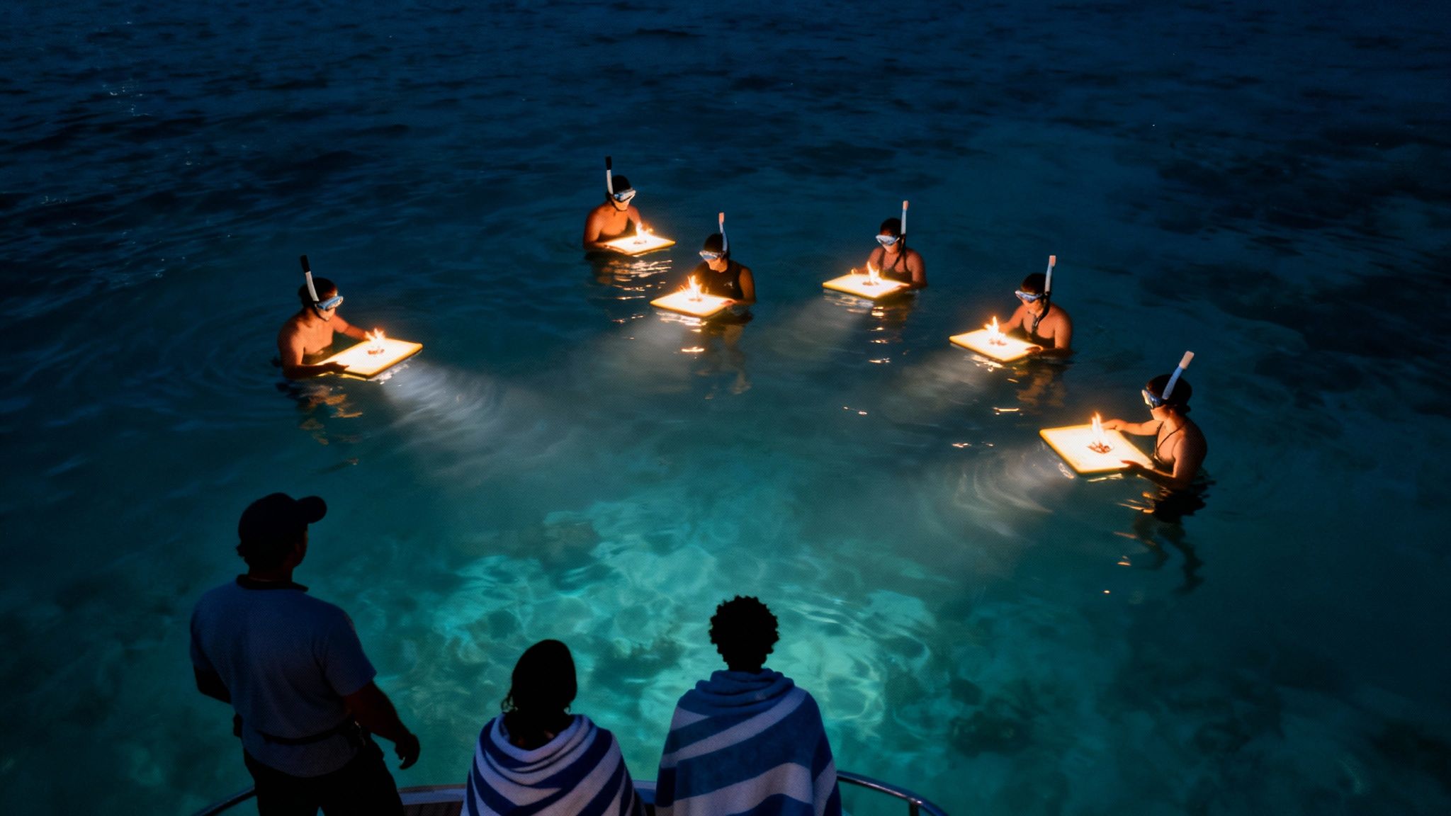 A snorkeler holds onto a light board at night, watching a manta ray glide gracefully below