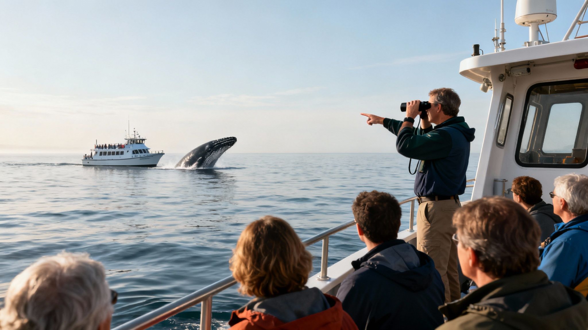 Tourists on a boat watch a humpback whale breaching out of the water, with another boat nearby.