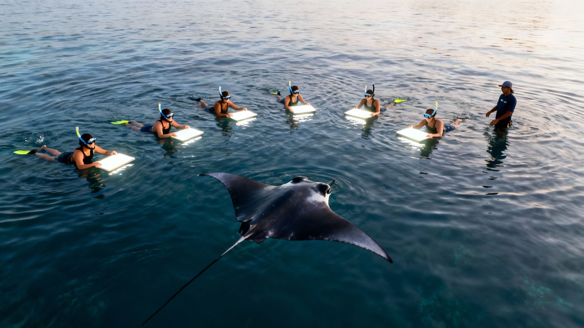 Snorkelers with illuminated boards observe a majestic manta ray swimming in clear blue water at dusk.
