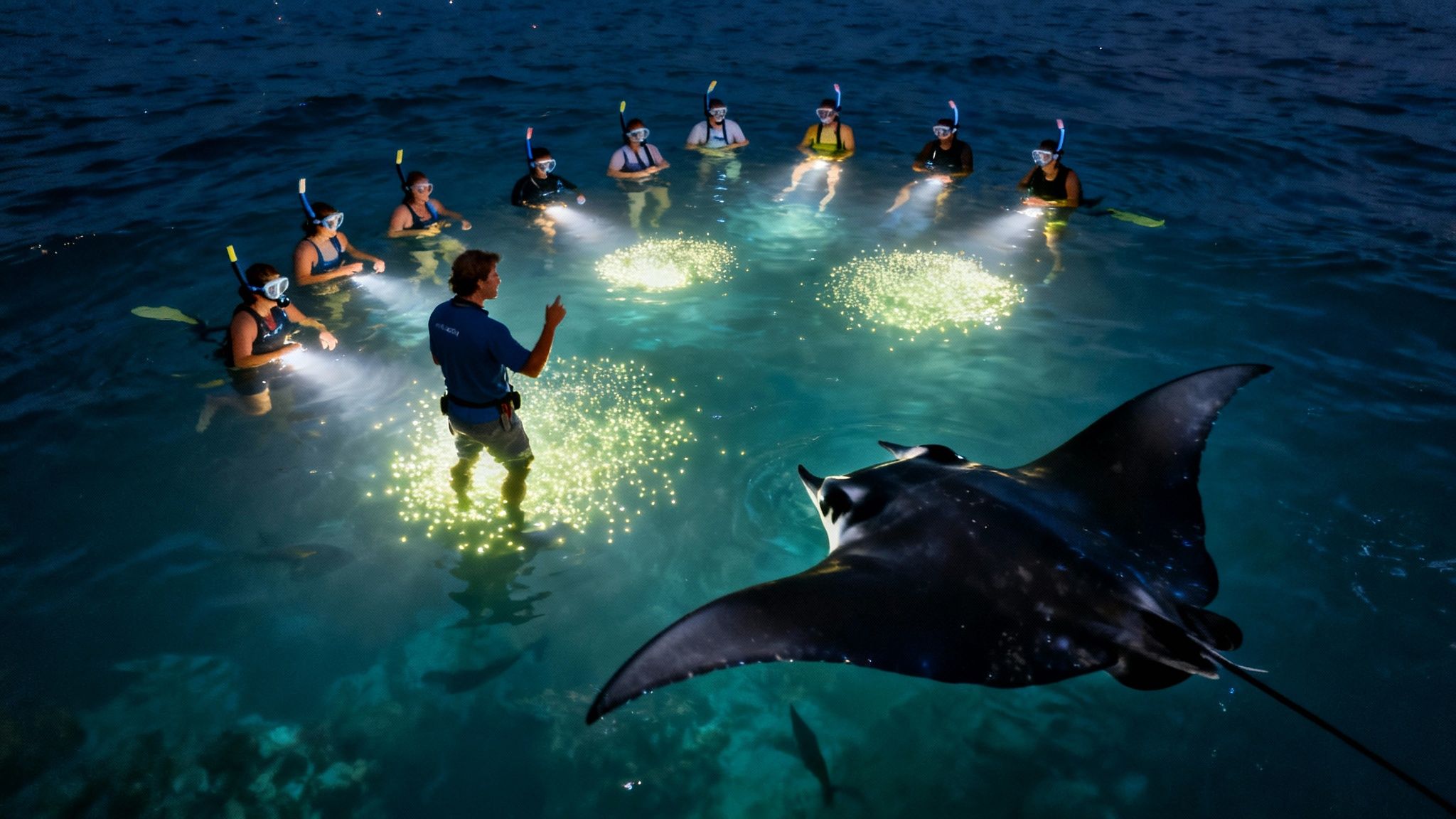 Snorkelers illuminate a majestic manta ray in glowing ocean water at night with a guide.