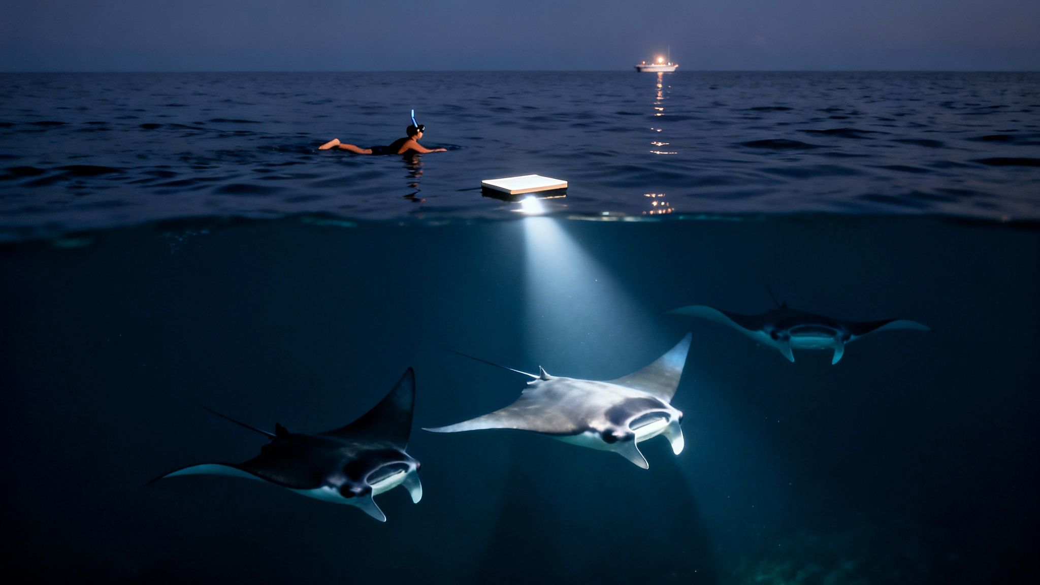 Night snorkel experience with manta rays illuminated by a light source, seen above and below water.