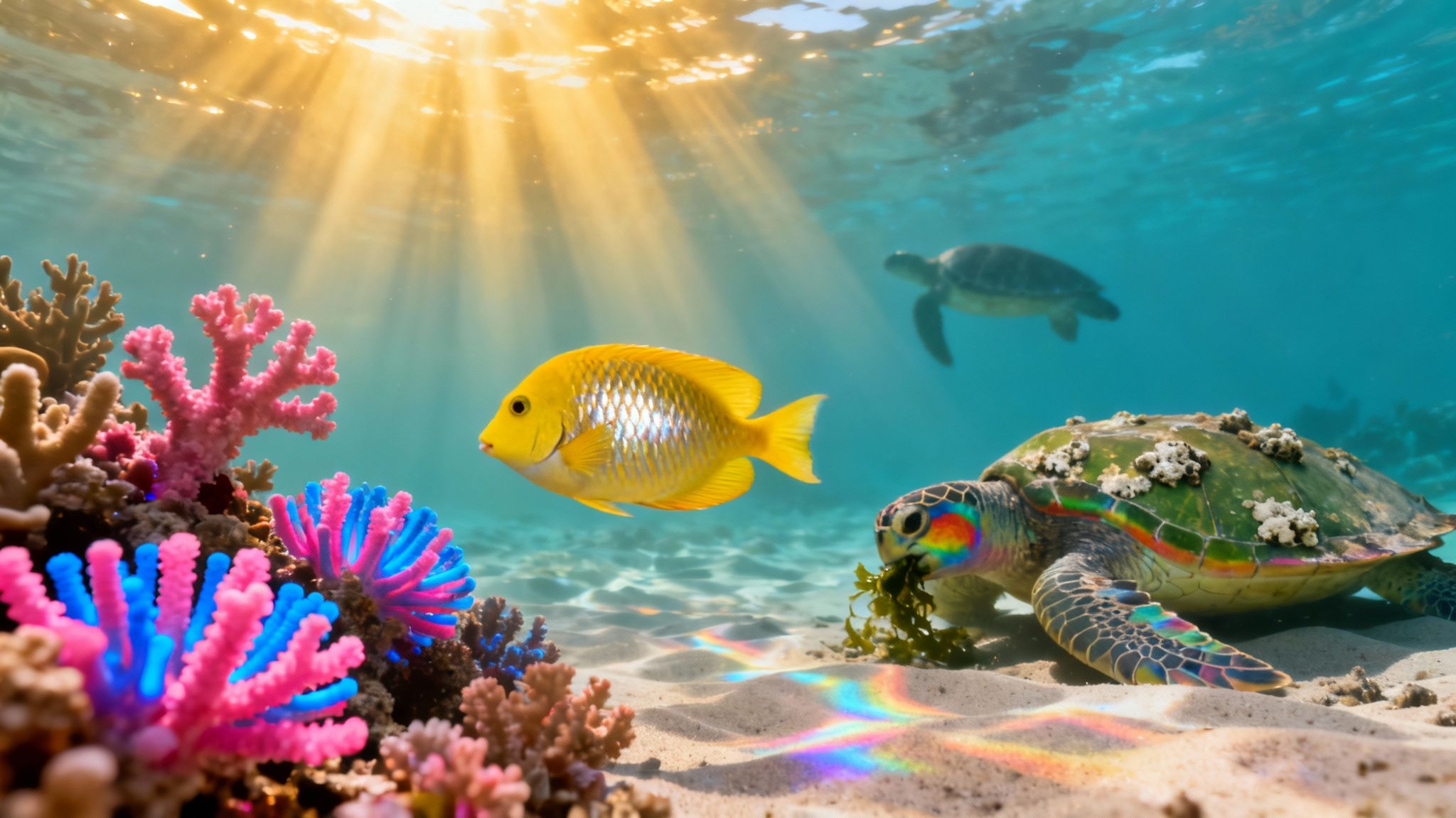 Vibrant underwater scene with colorful coral, a yellow fish, and sea turtles swimming near the sandy ocean floor.