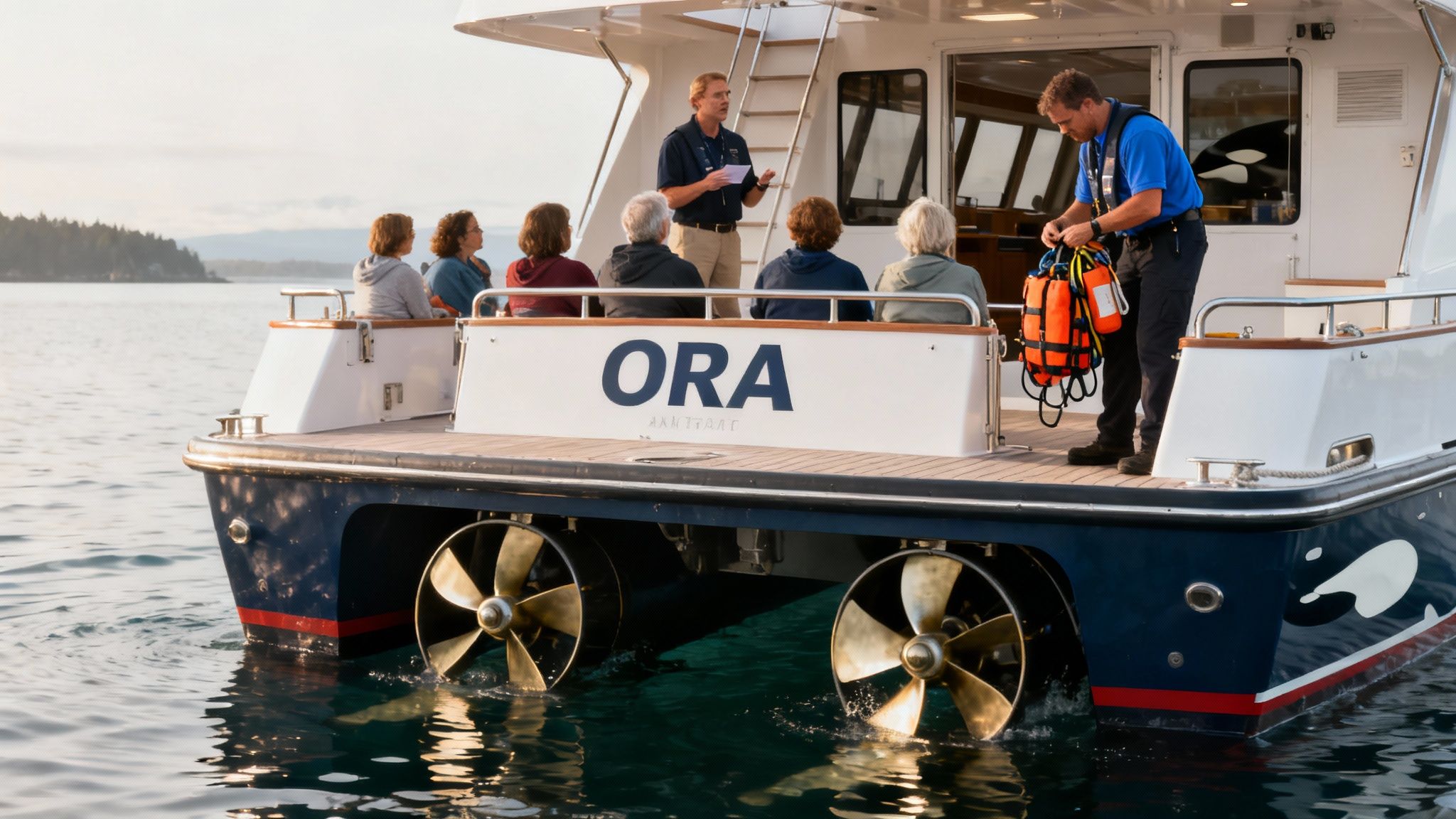 Passengers listen to a crew member giving a safety briefing on the stern of a boat.